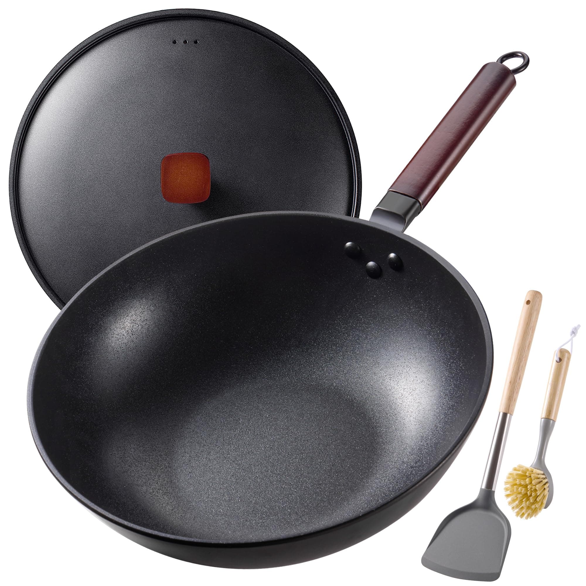 Carbon Steel Wok -13 Inch Woks & Stir-fry Pans Nonstick, Wok Pan with Lid Spatula and Dish Brush: Pre-Seasoned Flat Bottom Chinese Woks for Induction, Electric, Gas, All Stoves