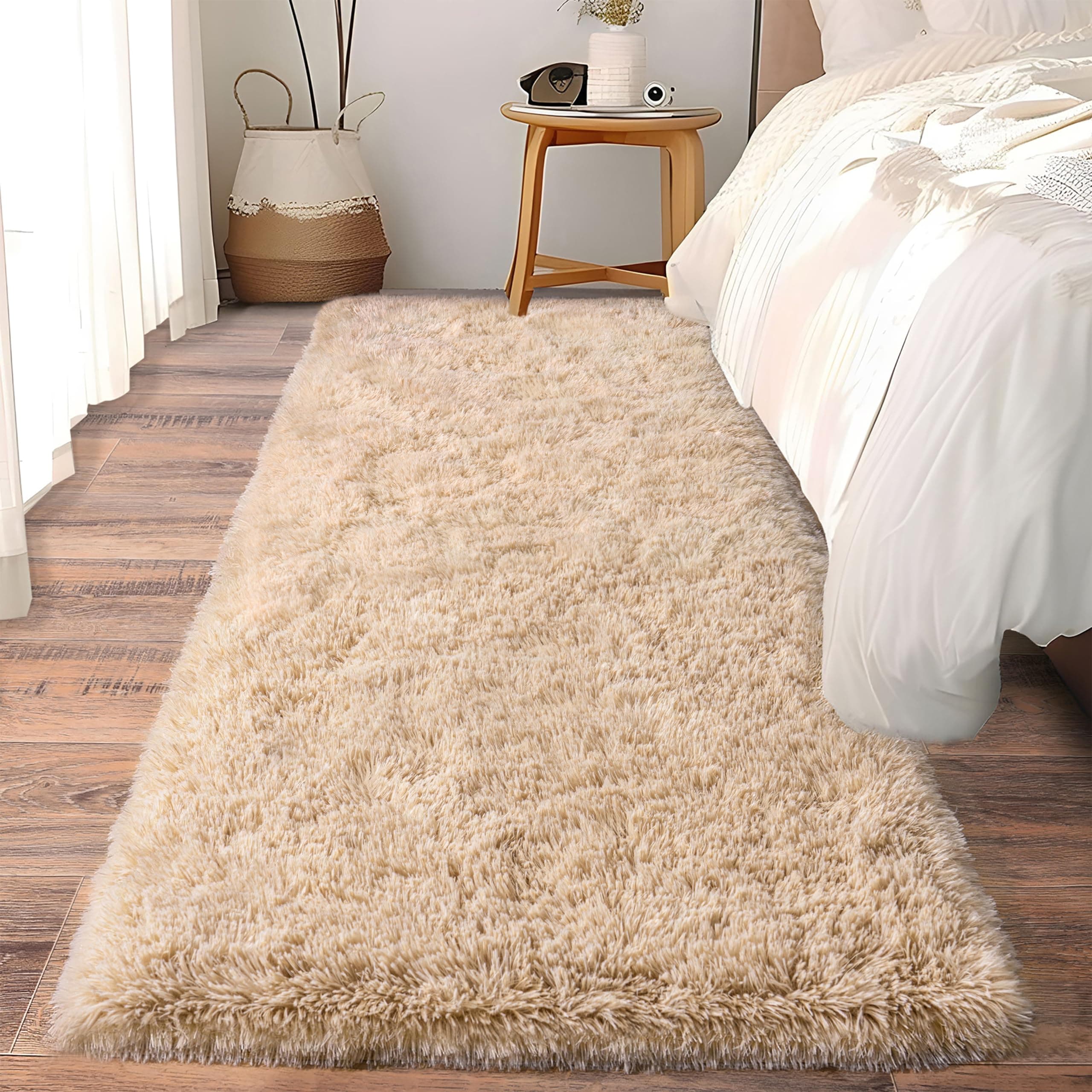 Soft Runner Rugs for Bedroom Hallways, 2x6 Beige Fluffy Shag Throw Area Rug Non Slip for Bedside Dorm, Long Shaggy Furry Carpet for Nursery Living Room