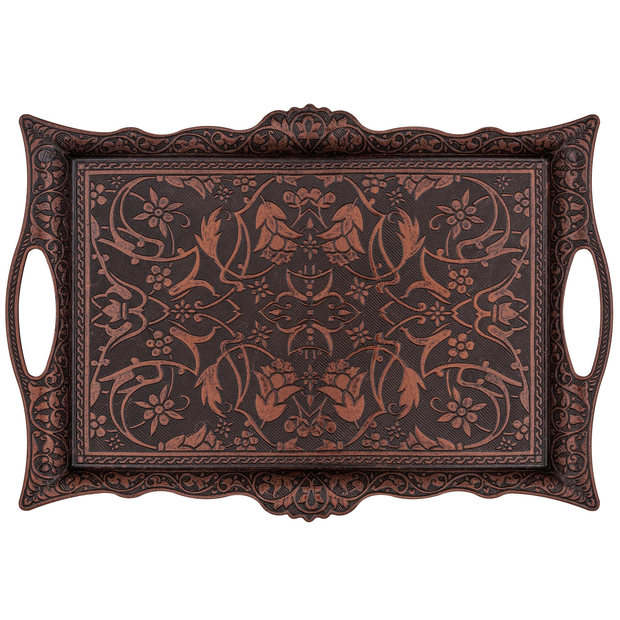 Alisveristime Ottoman Turkish Zamak Serving Tray with Traditional Motifs, Ideal for Coffee and Tea - Six Person Tray (14.5 x 9.85 in) (Copper)