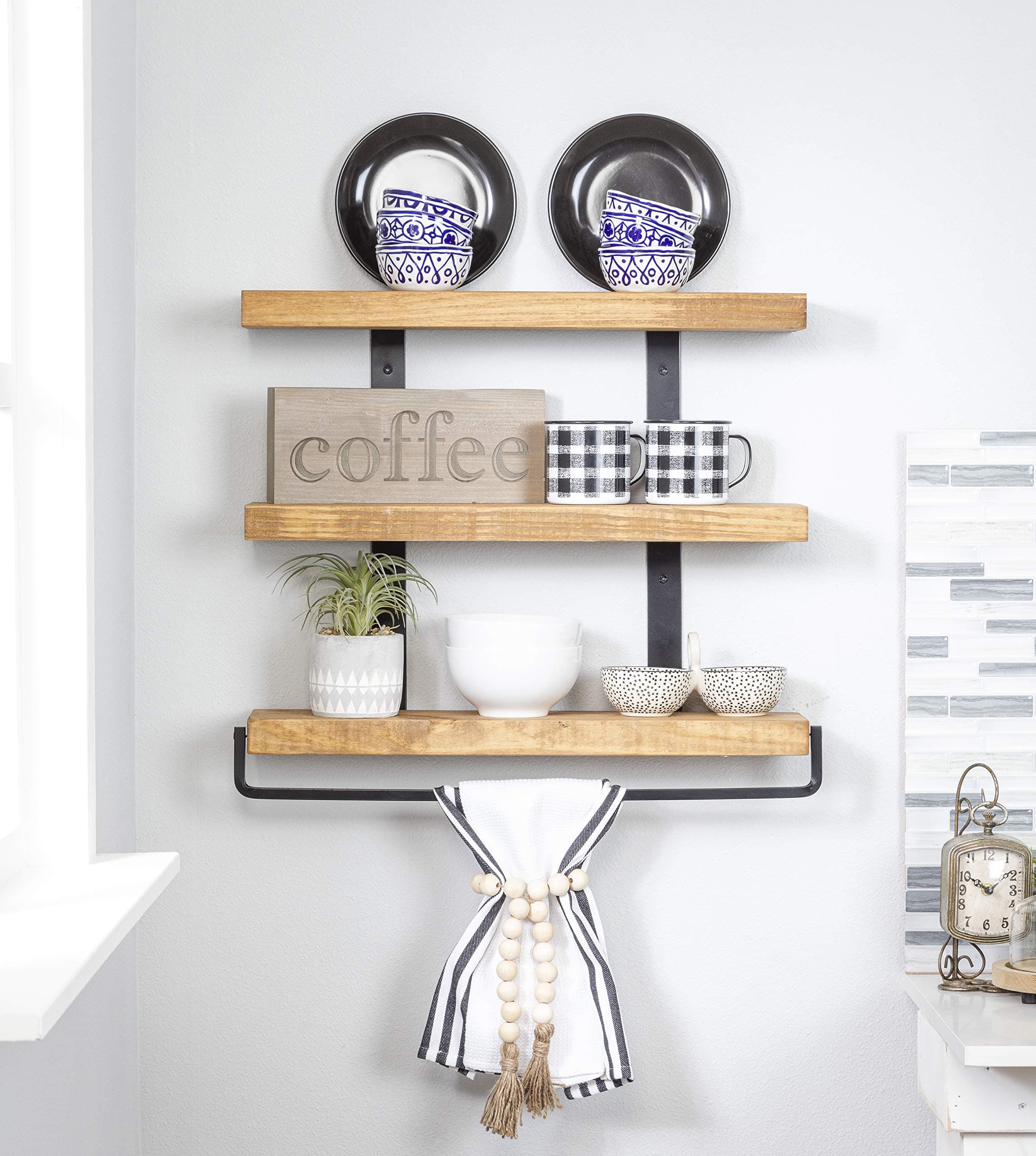 Del Hutson Designs Industrial 3-Tier Floating Shelf with Towel Bar (24 Inch, Walnut)