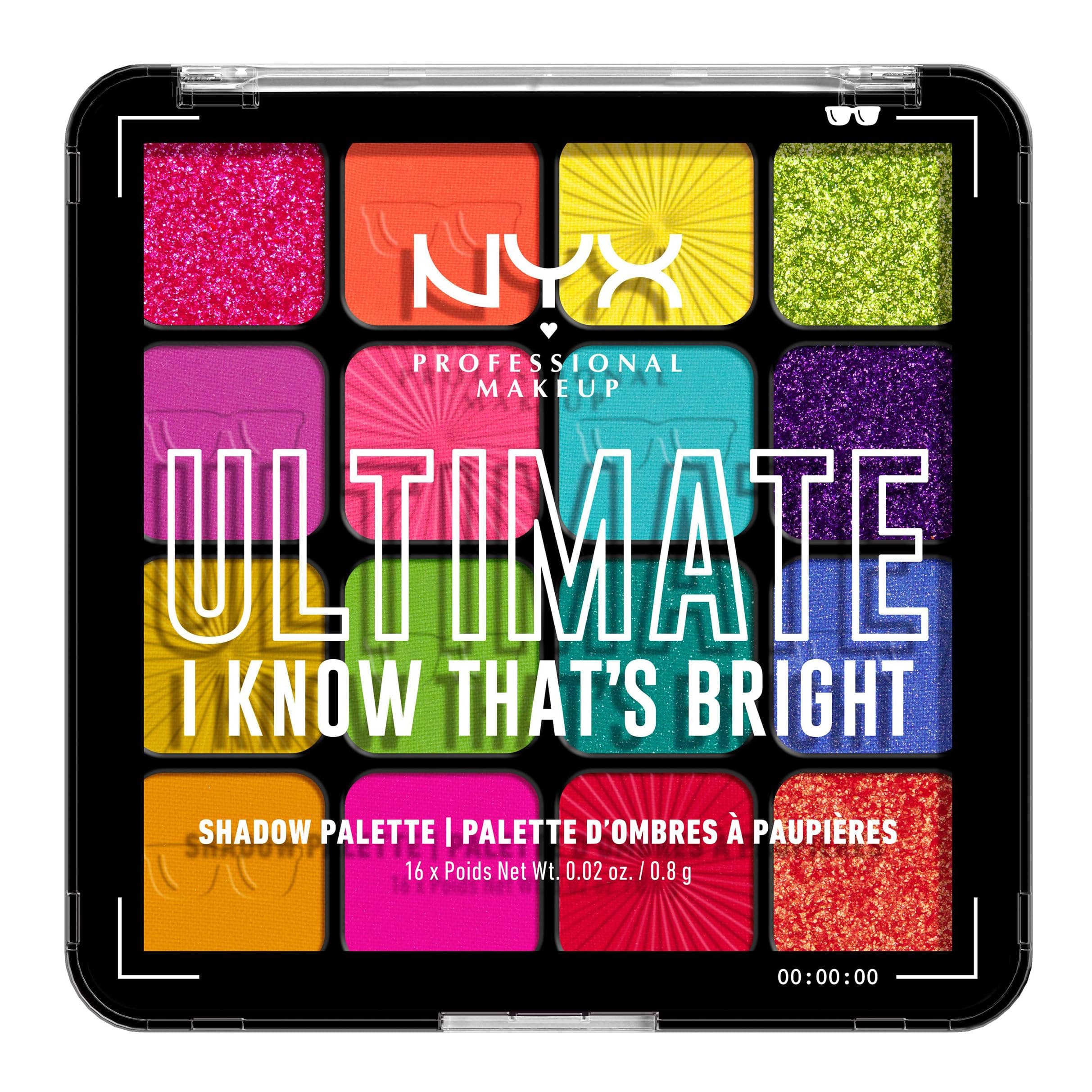 NYX Professional Makeup Ultimate Shadow Palette, 16 Vibrant True-To-Pan Eyeshadow Shades, Metallics, Shimmers, Colours and Nudes in Pressed Pigments, Vegan, I Know That's Bright, 0.8 g
