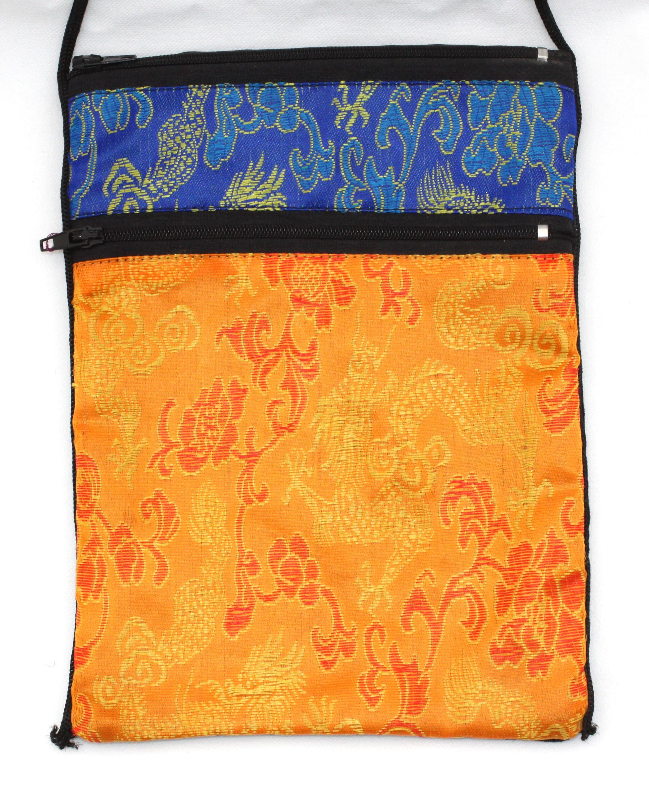 Orange and Blue Tarot or Passport Bag in Retired Sari Rayon Brocade