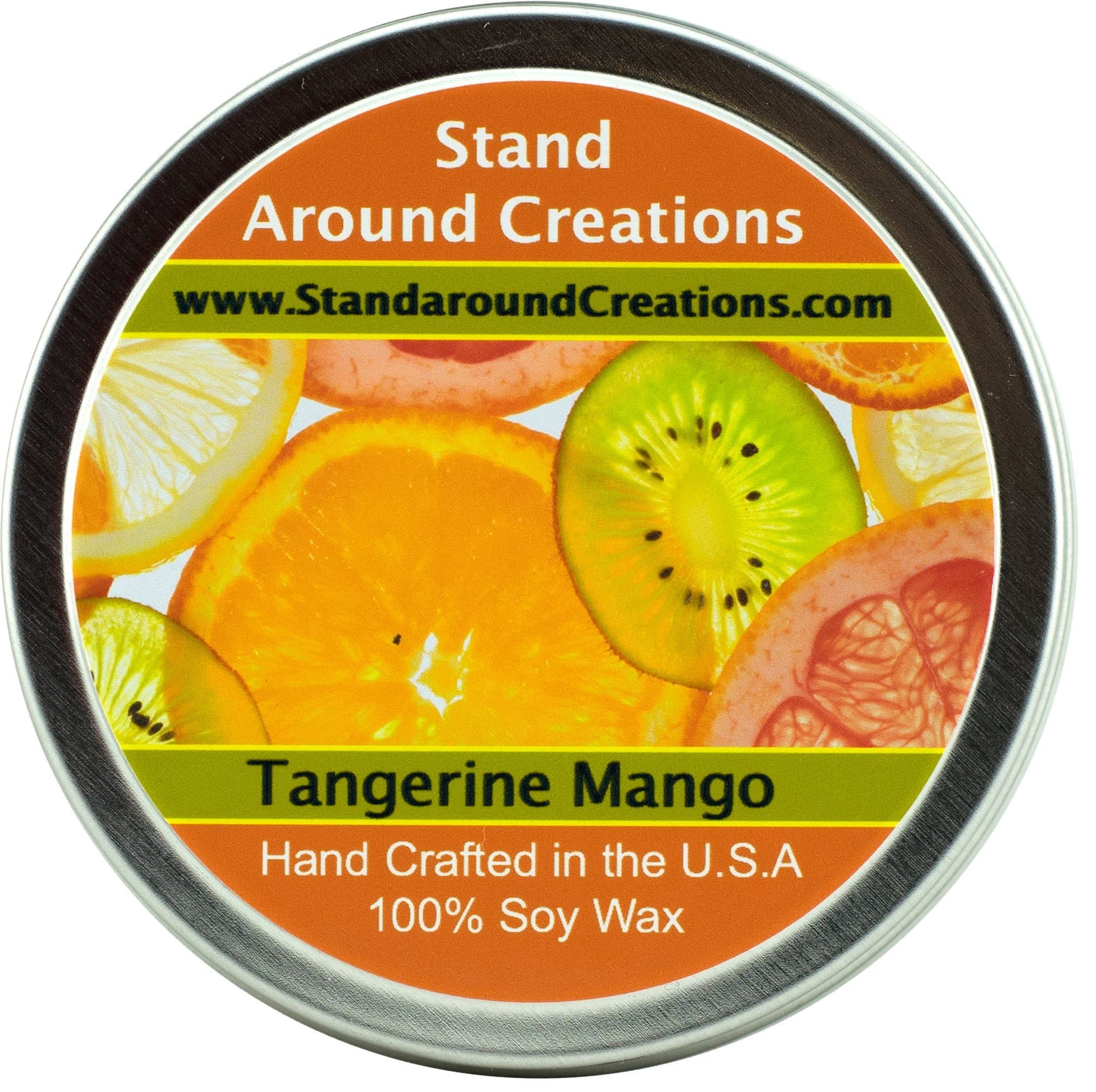Premium 100% All Natural Soy Wax Aromatherapy Candle - 8 oz Tin Tangerine Mango: An exotic fusion of fresh mango and ripe tangerine. Subtle tropical notes of papaya, peach and creamy coconut. This fragrance is infused with natural orange and coriander essential oils.