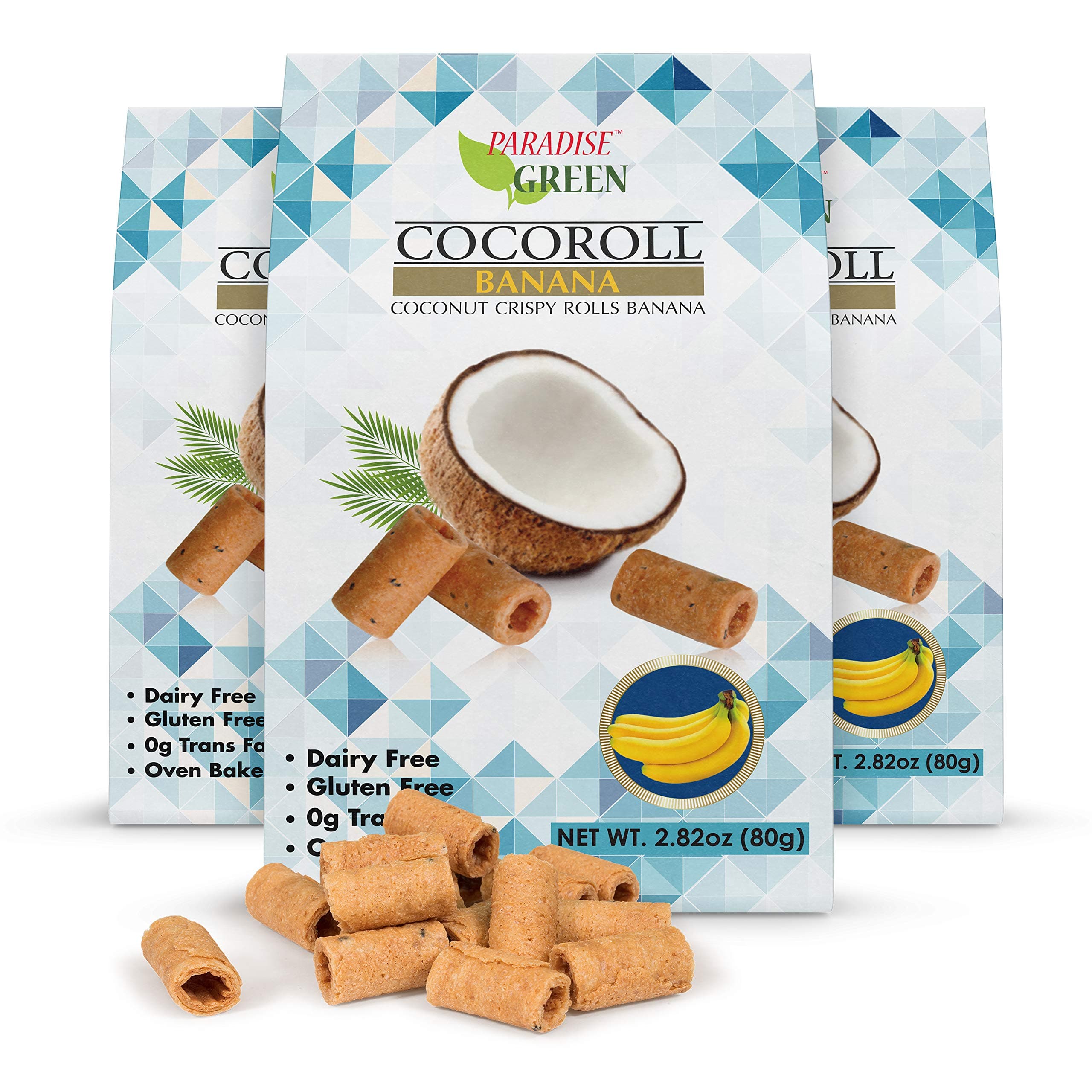 Paradise Green - Banana Cocoroll - Banana Flavored Crispy Coconut Rolls - Pack of 3, 8.46 oz