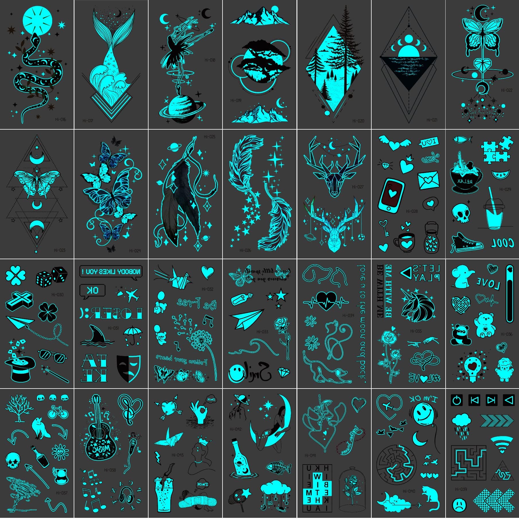 28 Sheets Temporary Tattoos for Boys and Girls, Waterproof Luminous Snake Butterfly Feather Anime Cartoon Kids Tattoos, Glow in The Dark Tattoos for Kids Party Favor Supplies