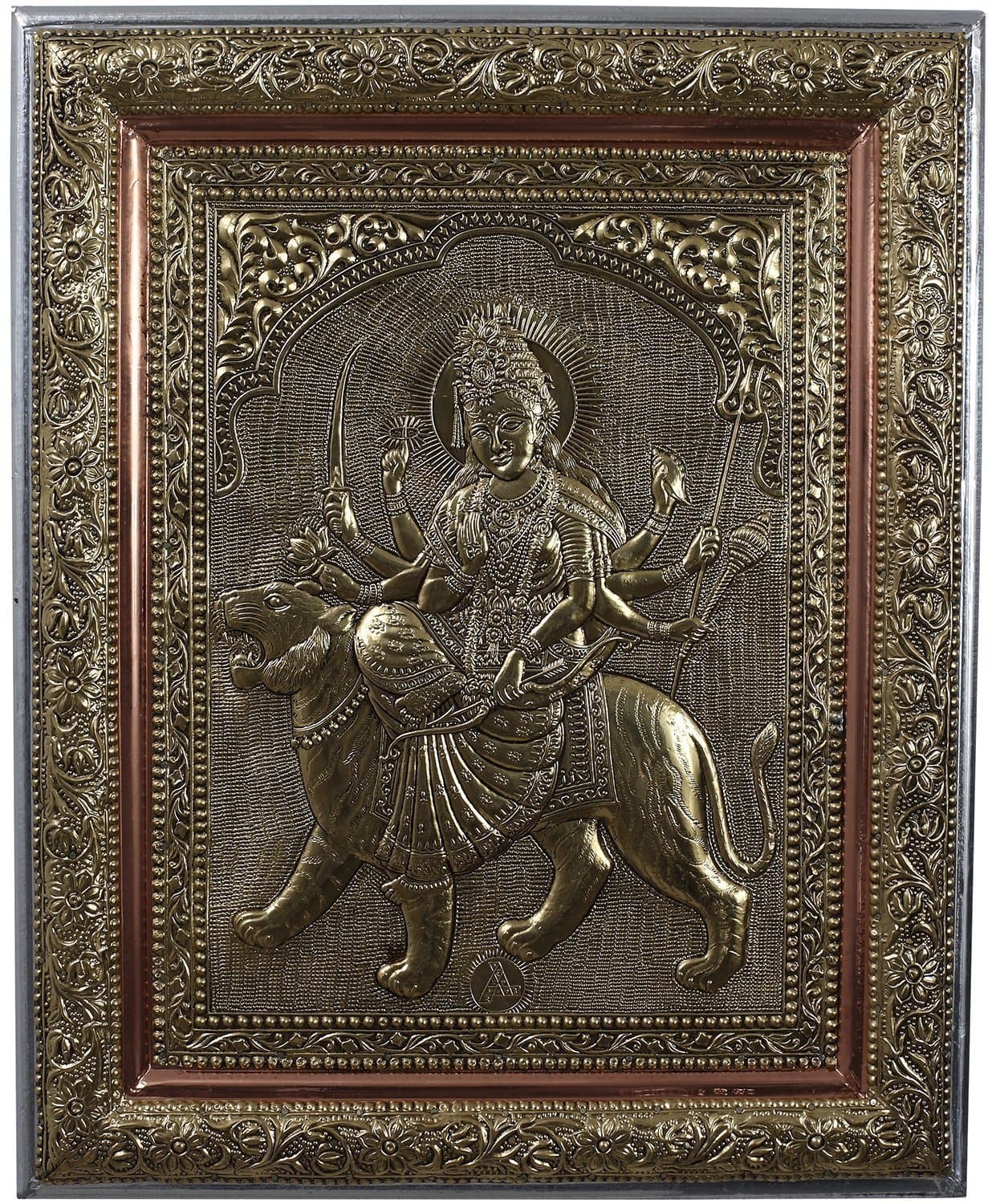 Kapasi Handicrafts Hindu Goddess Ambaji/Ambe Maa/Durga Maa/Ma Embossed On Brass Oxidise Sitting Wall Hanging Photo Frame (13L X 16H) Inch Antique Finish Indian Home Decor Art Piece