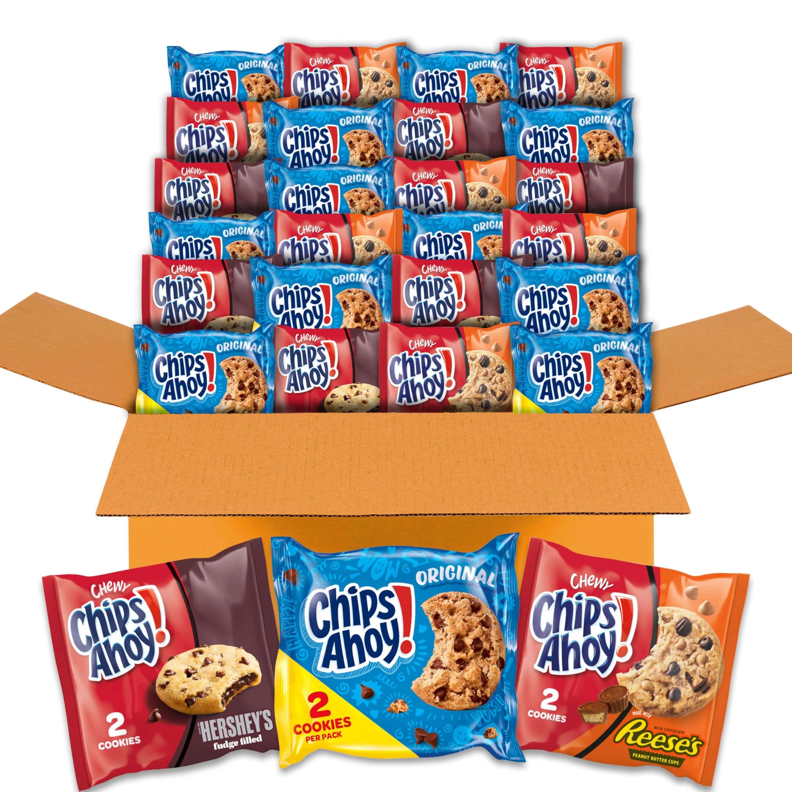 Cookies Variety Pack, Original Chocolate Chip, Chewy Chocolate Chip with Reese's Peanut Butter Cups & Chewy Hershey's Fudge Filled Soft Cookies, 50 Snack Packs (2 Cookies Per Pack)