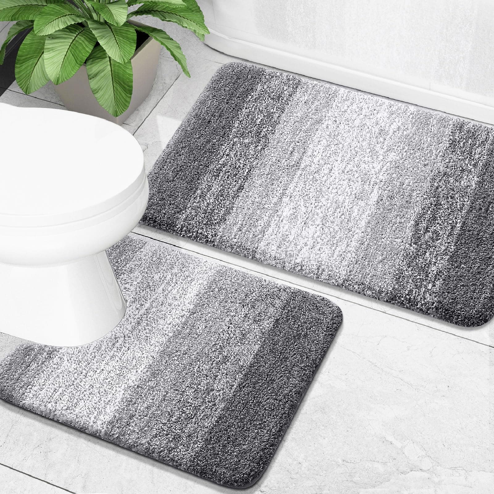 Bathroom Rug Set 2 Piece, Soft Absorbent Microfiber Bath Mats and U-Shaped Contour Toilet Rug, Non-Slip, Machine Wash Dry, Plush Shaggy Bath Mats for Bathroom (24"x16"+24"x20", Grey)