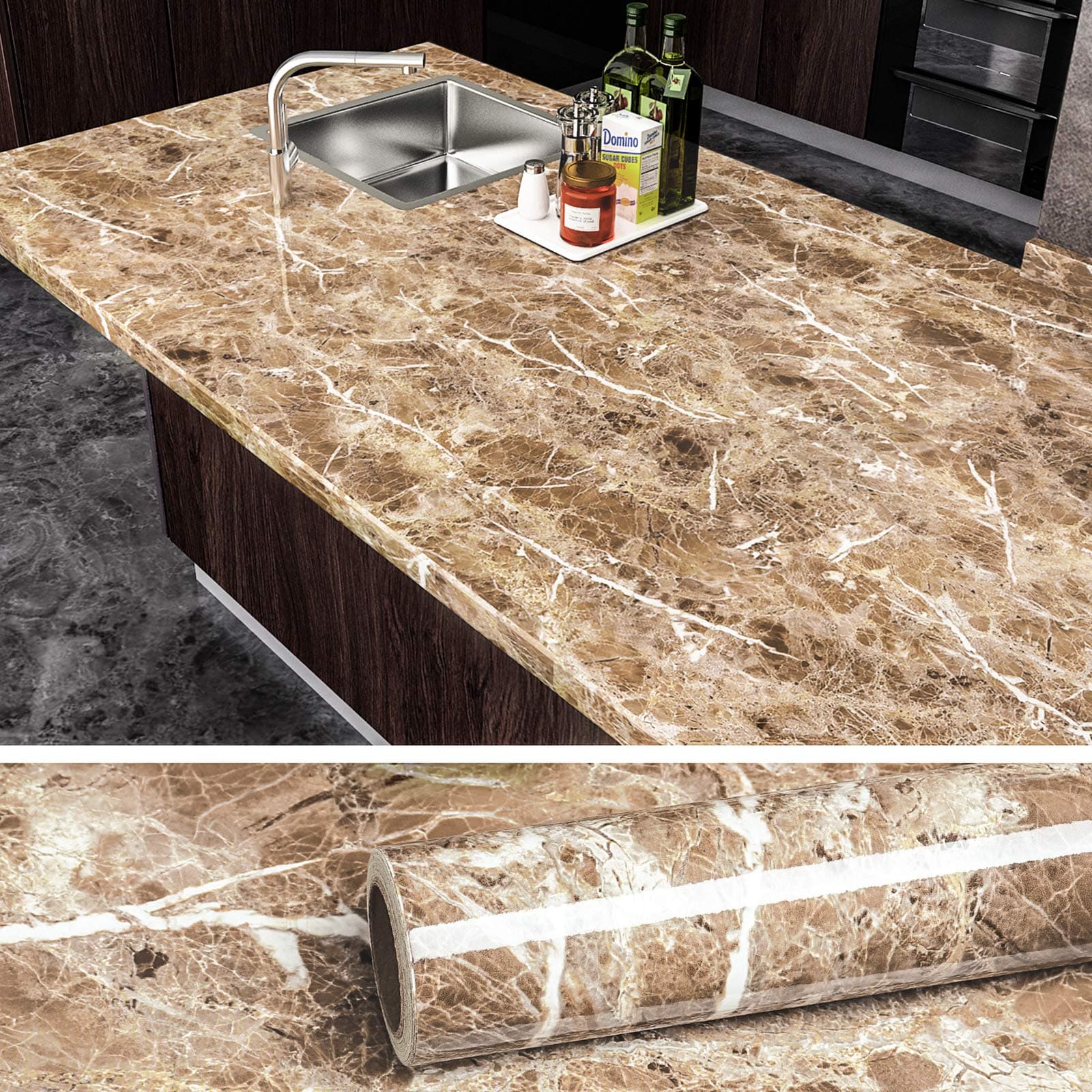 VEELIKE Faux Marble Counter Top Covers Peel and Stick Wallpaper Granite Contact Paper Decorative Kitchen Wall Paper Brown Waterproof Self Adhesive Removable Wallpaper for Cabinet Locker (40cm x 900cm)