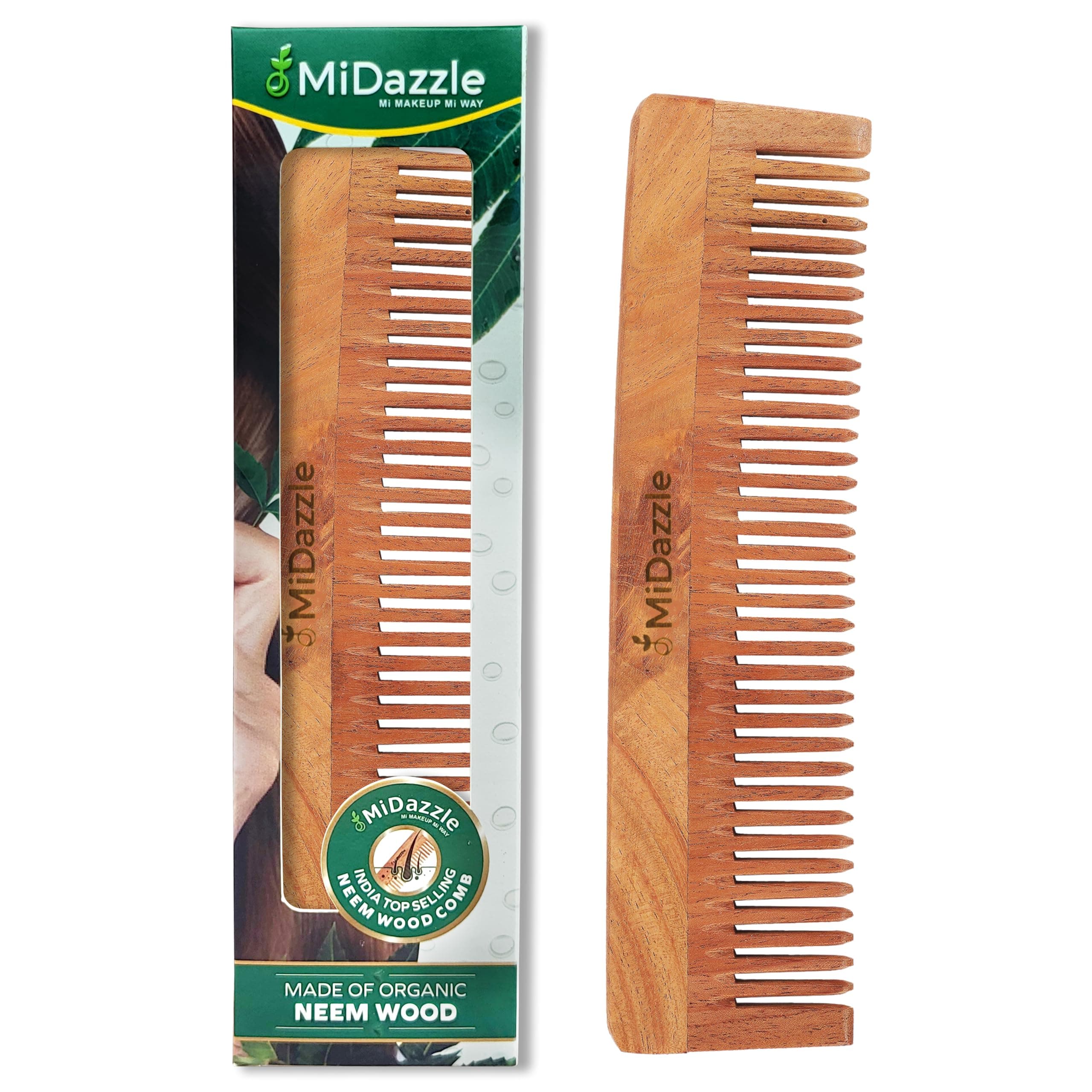 Midazzle Kacchi Neem Wooden Comb For Multi-Actions - Detangling, Frizz Control & Shine, Suited For All Hair Types (Fine Tooth) - MINC2102