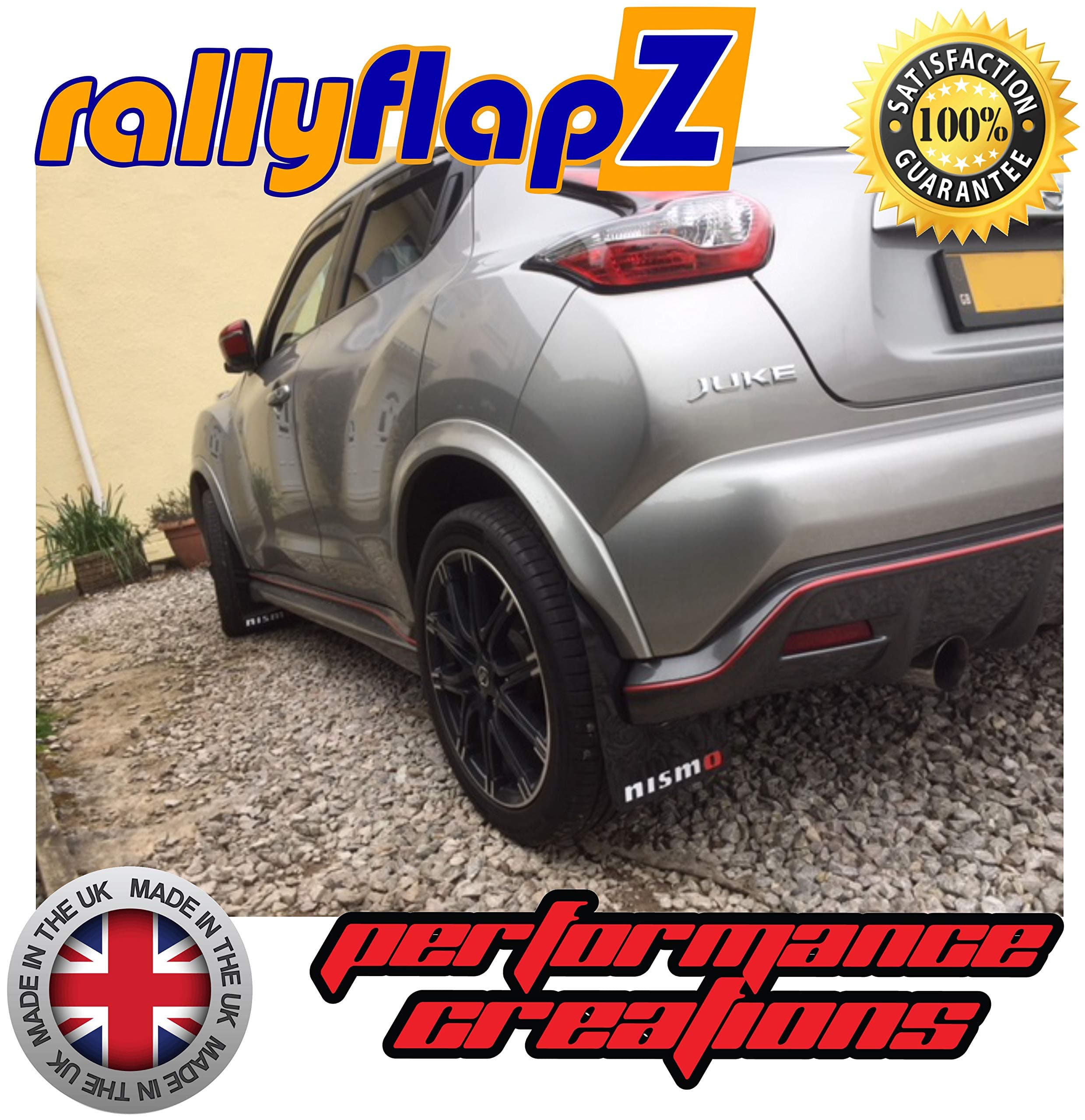 rallyflapZ/Set of 4 Custom made Mud Flaps Including Fixing Hardware & Instructions - Black 4mm Thick Flexible PVC (RFNISSANJUKE-BLK-PVC-NISMO-W&R)