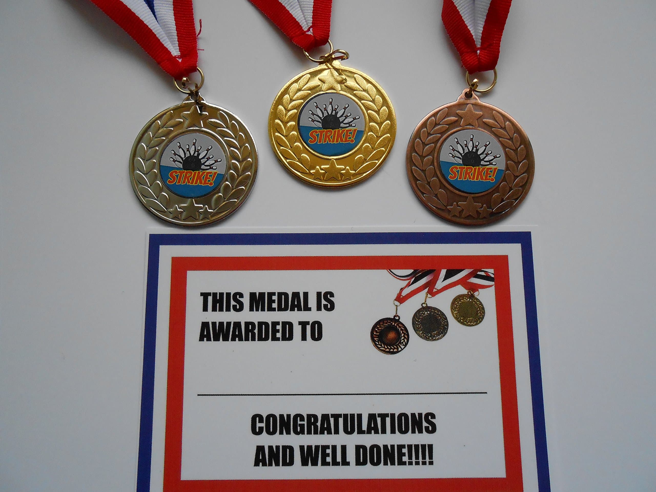 10 PIN BOWLING MEDAL - 50MM METAL-WITH RIBBON AND CERTIFICATE-CHOOSE FROM GOLD - SILVER OR BRONZE