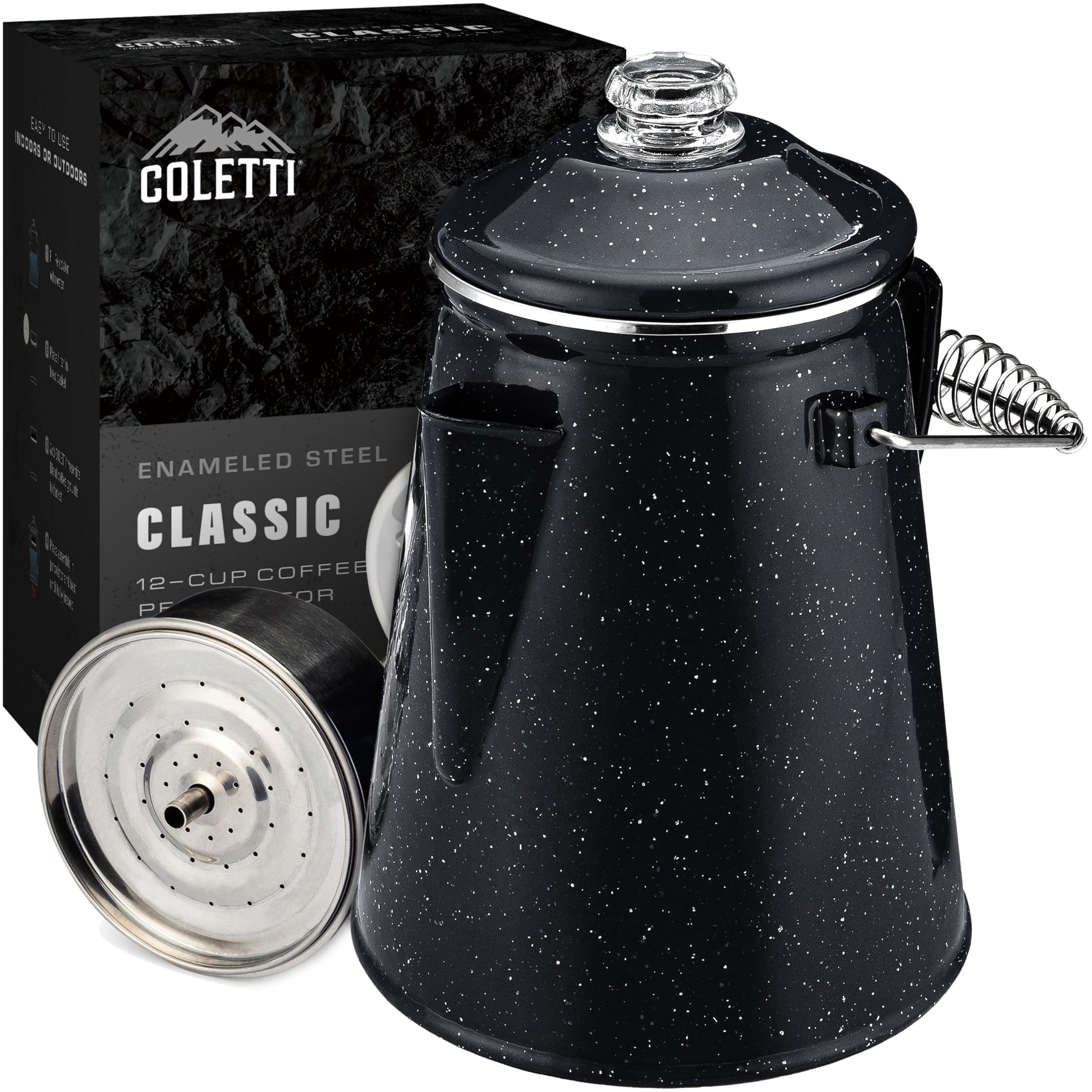 COLETTI Classic Percolator Coffee Pot — The Most Nostalgic Camping Coffee Pot, Now Modernized [Black Enamel, 12 Cup]