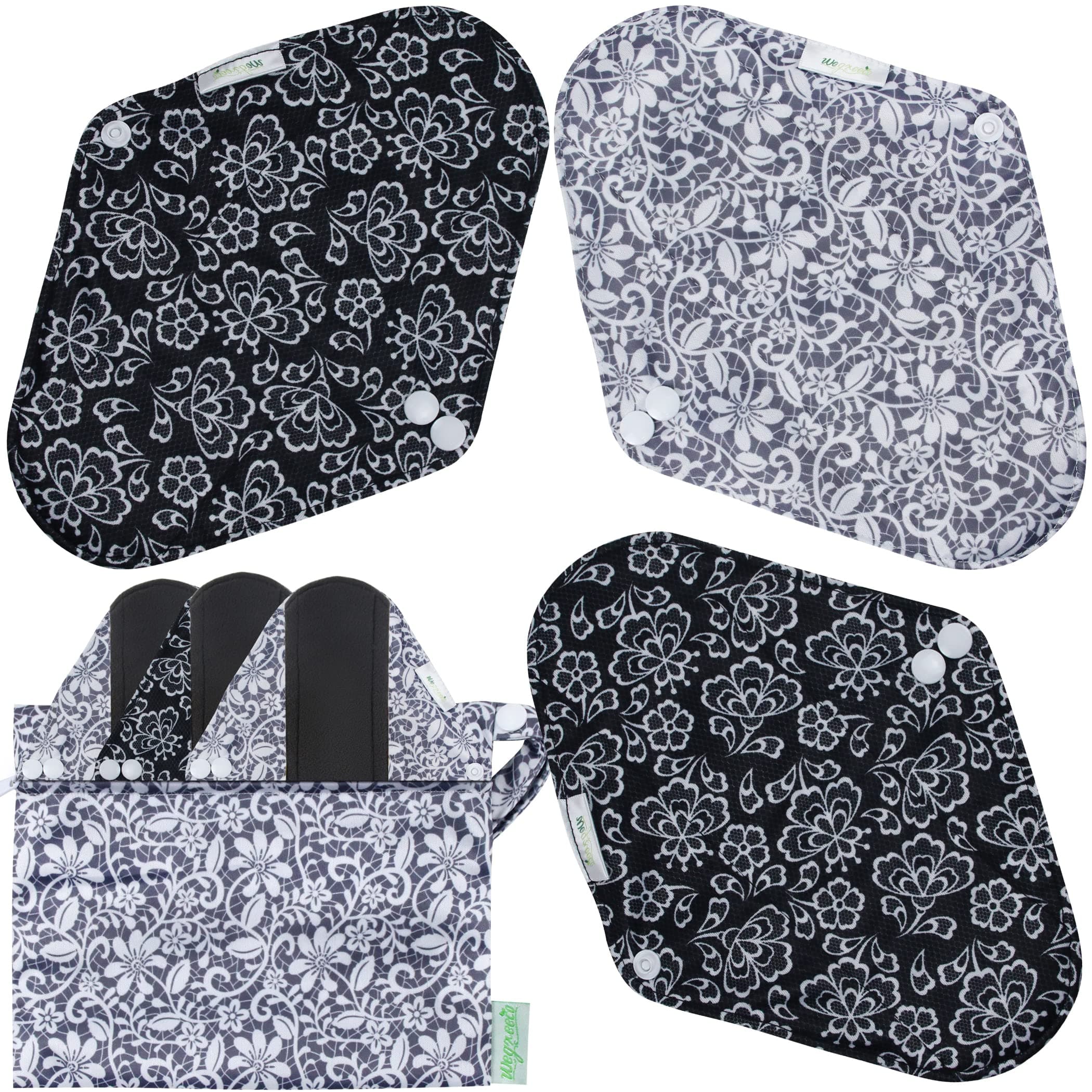 wegreeco Reusable Menstrual Pads - Reusable Sanitary Pads | Reusable Panty Liners | Soft Cloth Menstrual Pads - 6 Pack with 1 Cloth Wet Bag (Black, Grey Lace, Medium）