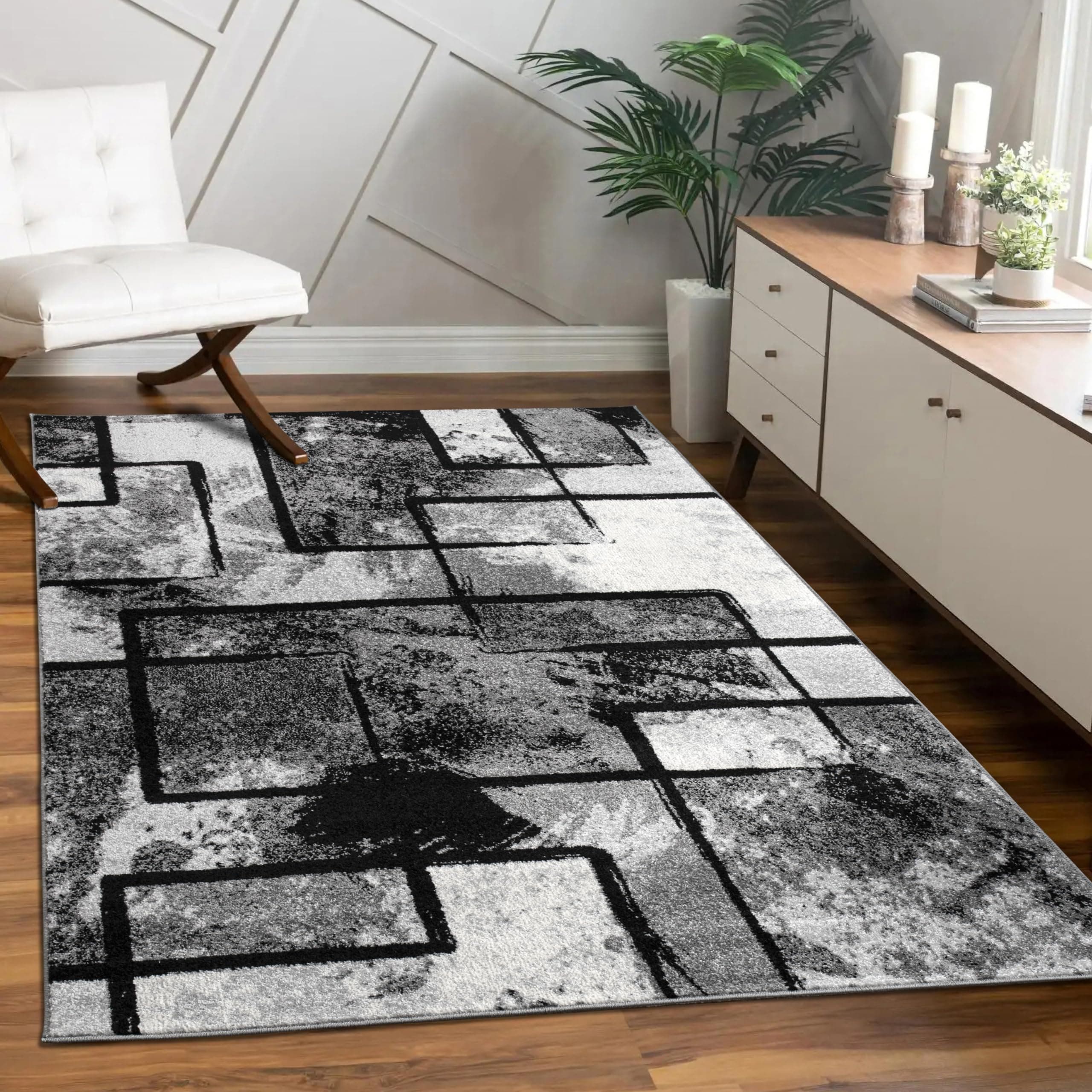 Paco Home Large Rug Modern Short Pile Abstract Paint Effect Black Grey Charcoal, Size:60x100 cm