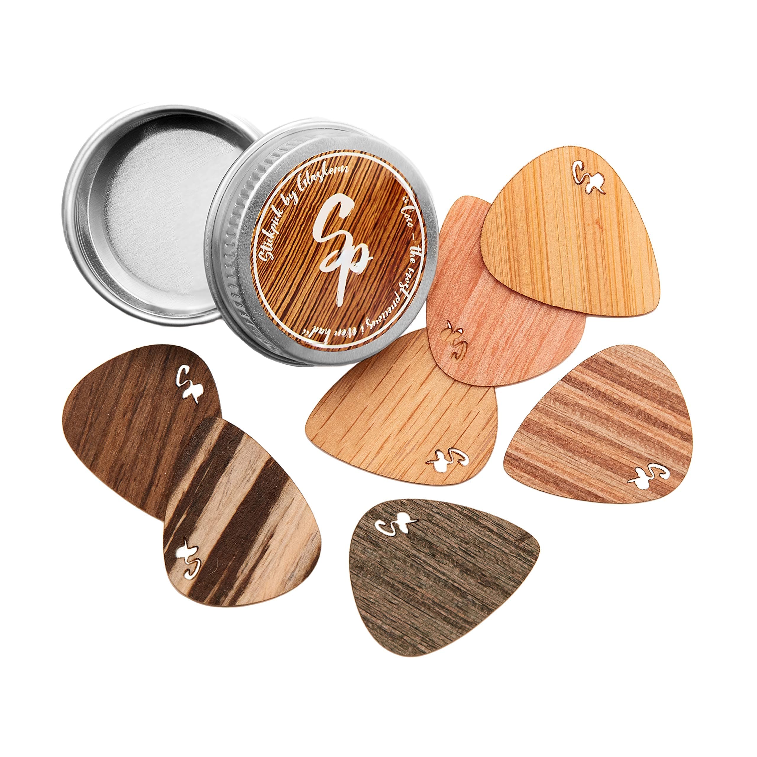 Generisch Stickpick | Set of 7 flexible guitar picks made of real wood | For electric, acoustic and bass guitars in different strengths | In aluminum can | Sustainably manufactured | Made in Germany
