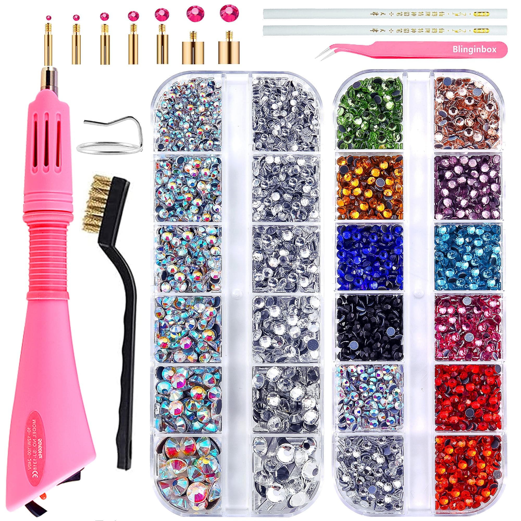 Blinginbox Hotfix Applicator Tool 2 Boxes of 4000 pcs Rhinestone with Flat Back Gems Round Hotfix Rhinestone for Clothes and Shoes