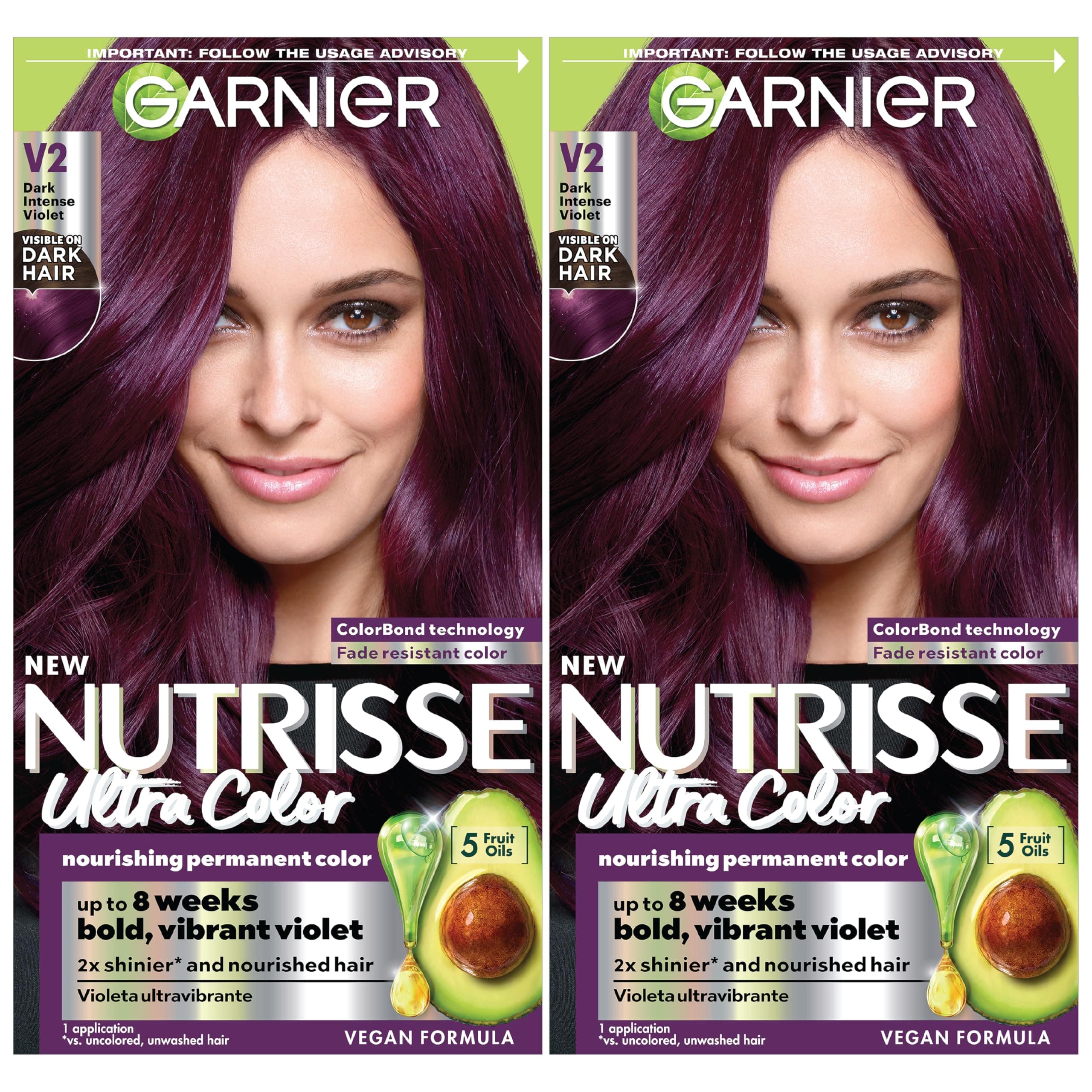 Garnier Hair Color Nutrisse Ultra Color Nourishing Creme, V2 Dark Intense Violet (Spiced Plum) Purple Permanent Hair Dye, 2 Count (Packaging May Vary)