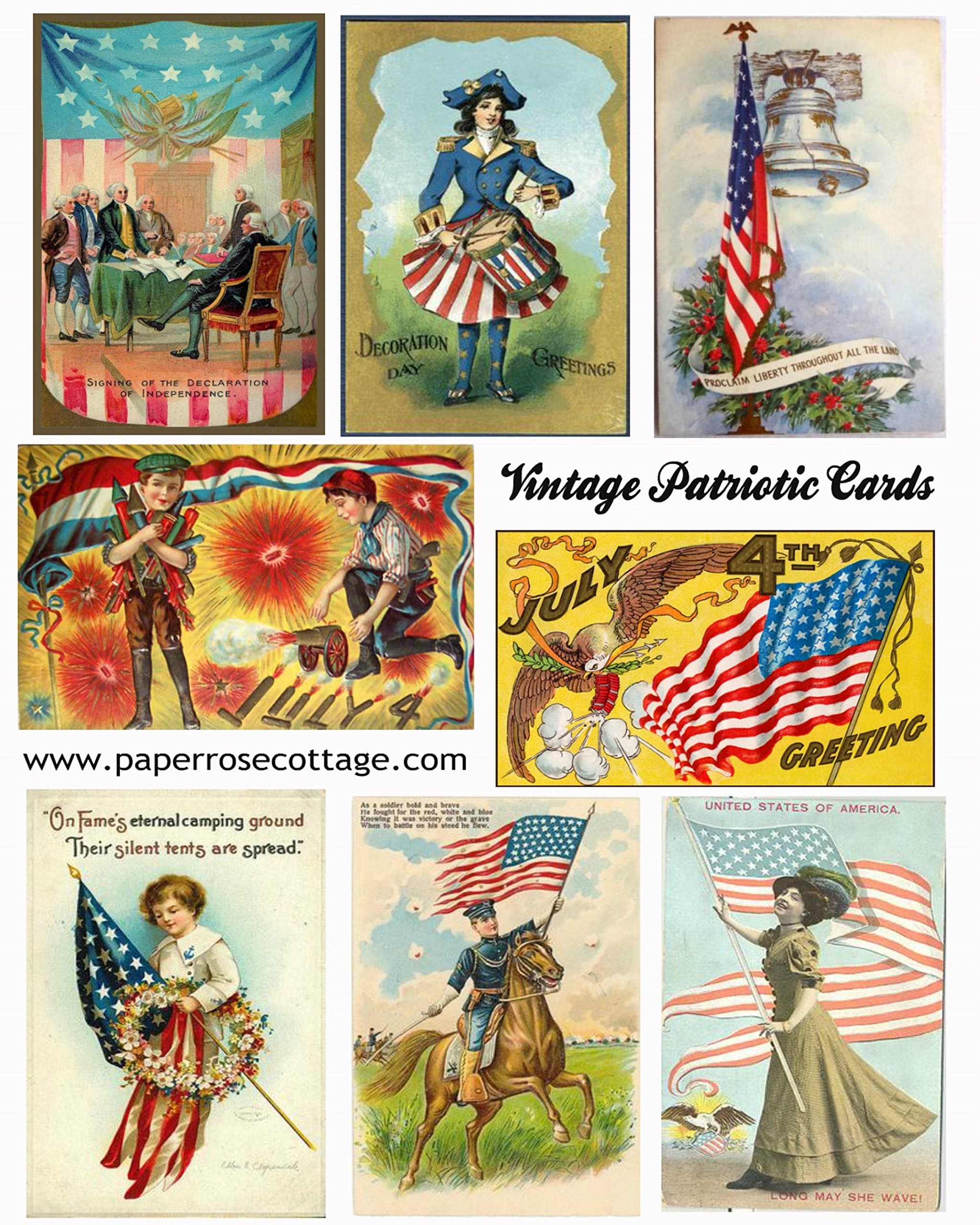 4th of July Vintage Lady Liberty Patriotic Images Collage Sheet Collection Print for Scrapbooking, Card Making, Crafts