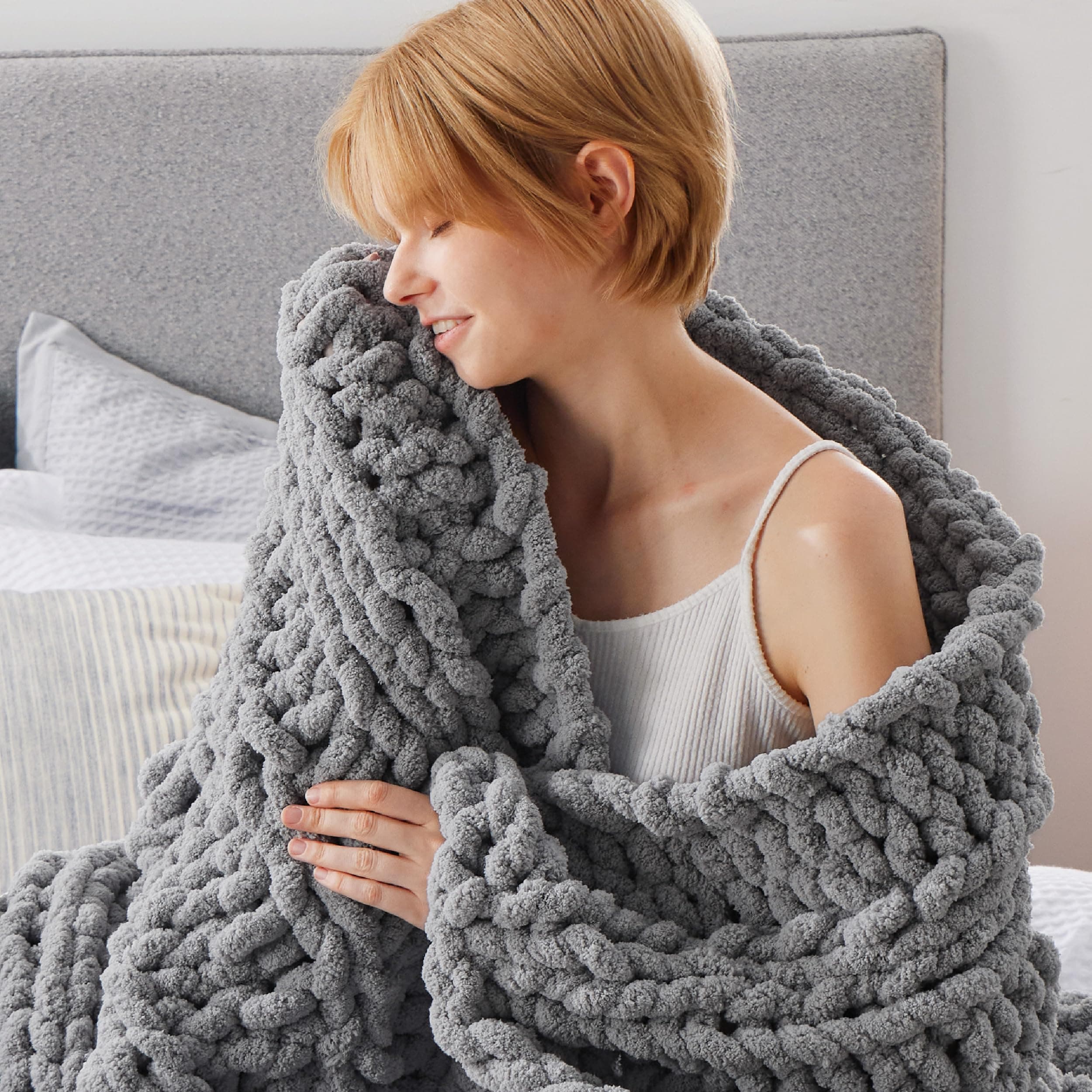 Bedsure Chunky Knit Throw Blanket for Couch - 100% Hand Knitted, 5.06 lbs GentleSoft Blanket with Giant Chenille Yarn for Bed Living Room Home Decor, Thick and Cozy, Grey, 50x60 InchesOEKO-TEX STANDARD 100