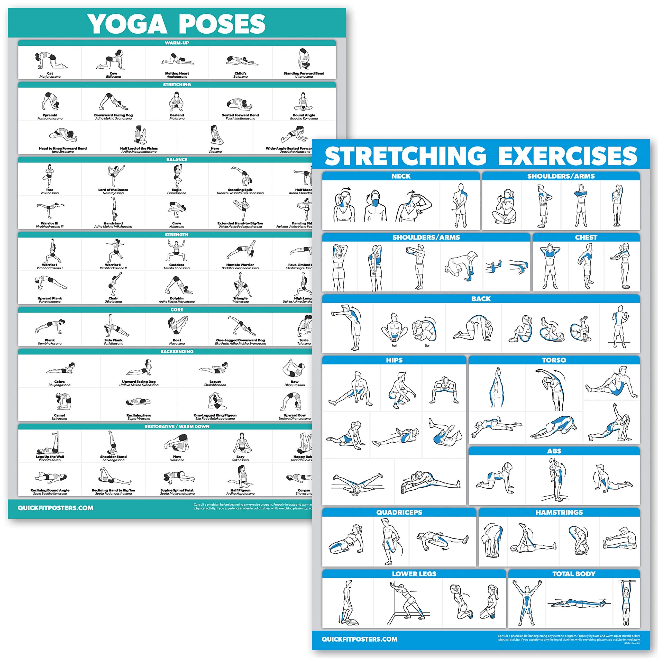 Palace Learning QuickFit Yoga Poses and Stretching Exercise Poster Set - Laminated 2 Chart Set - Yoga Positions & Stretching Workouts (18" x 27")