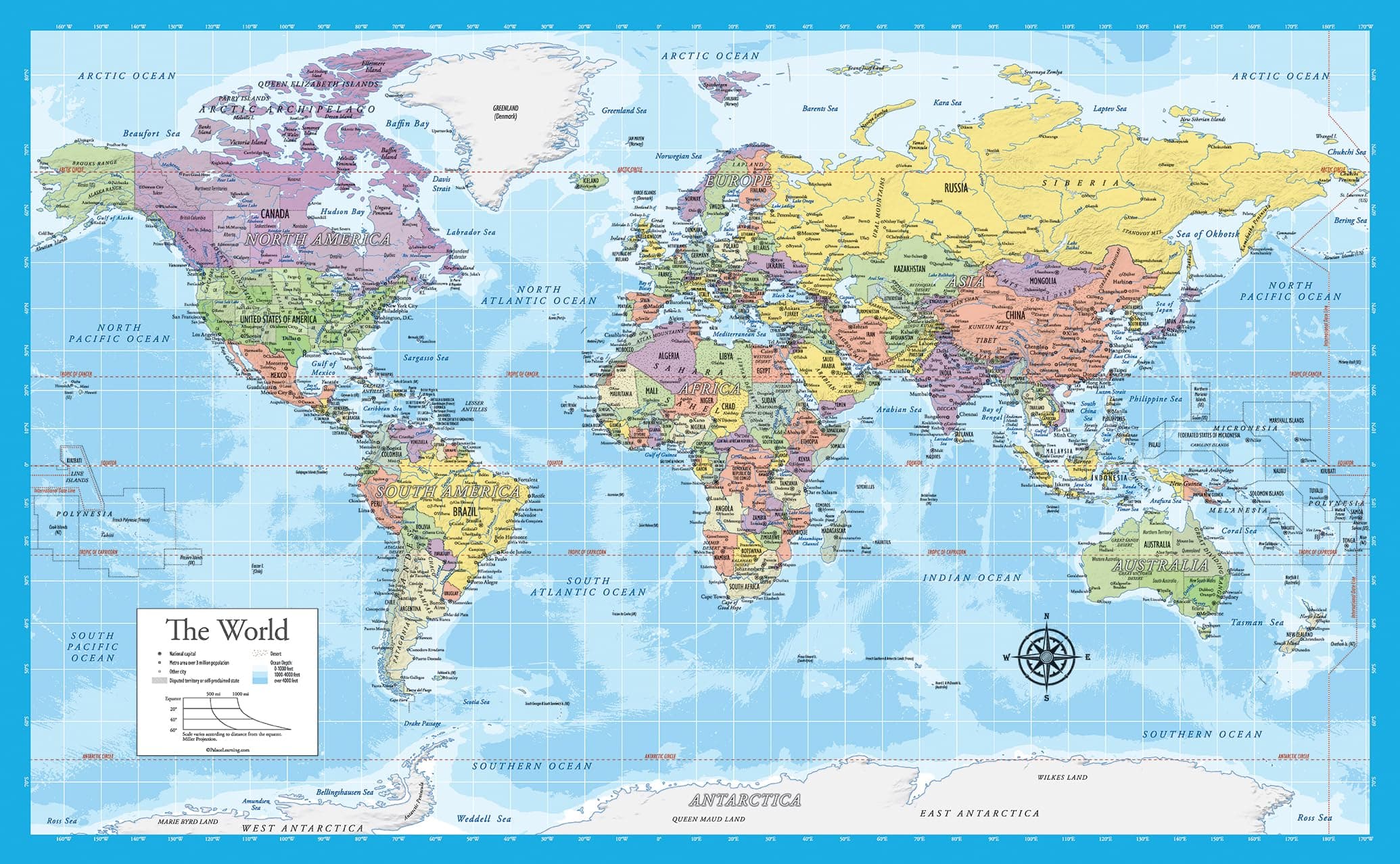 Palace Learning Laminated World Map Poster - Map of the World Chart [Light Blue]