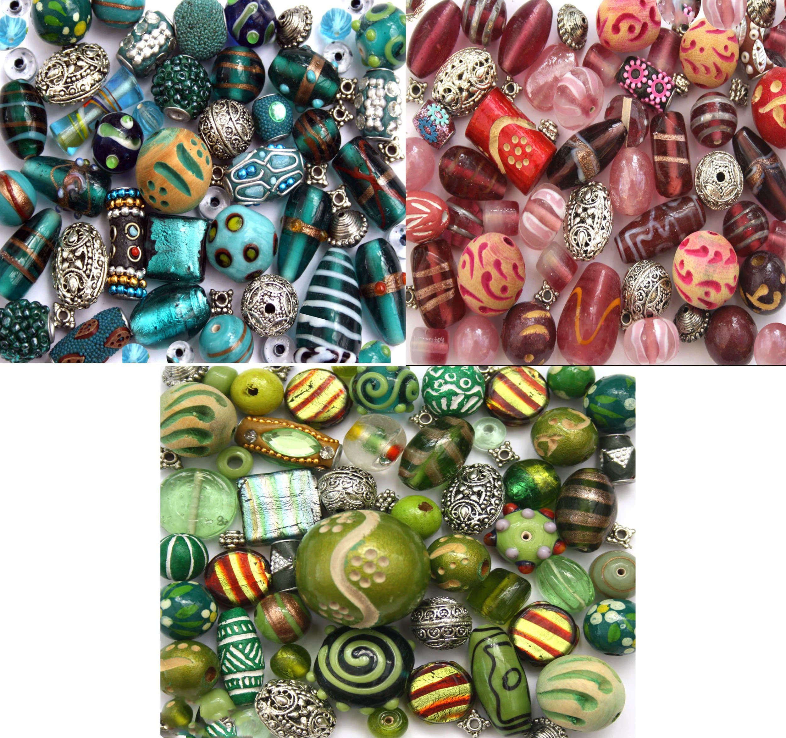 3 x Packs of Handmade Jewelry Making Beads Glass Lampwork, Wood, Silver Tibetan, Turquoise, Pink & Green Mixed Selection