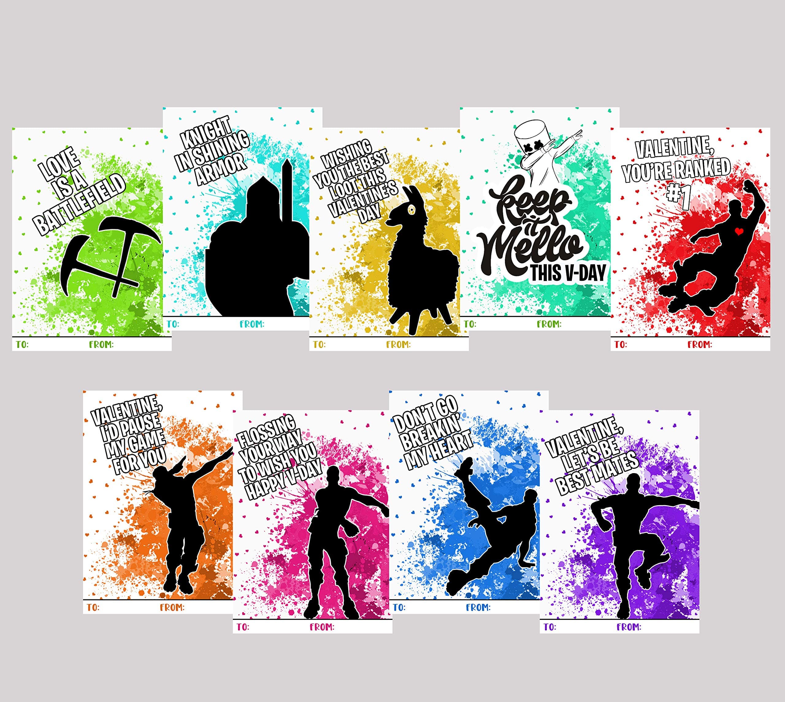 Video Gamer Valentine Day Card Classroom Themed Fort Battle Knight Llama Drop Royale Party Supply (Set of 27) Nite Night Dance