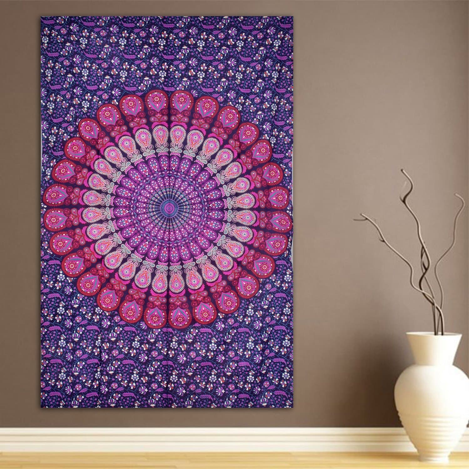 ModTradIndia-Pink & Purple Mandala Indian Tapestry, Hippie Wall Hanging , Bohemian Bedspread, Mandala Cotton Dorm Decor Beach blanket