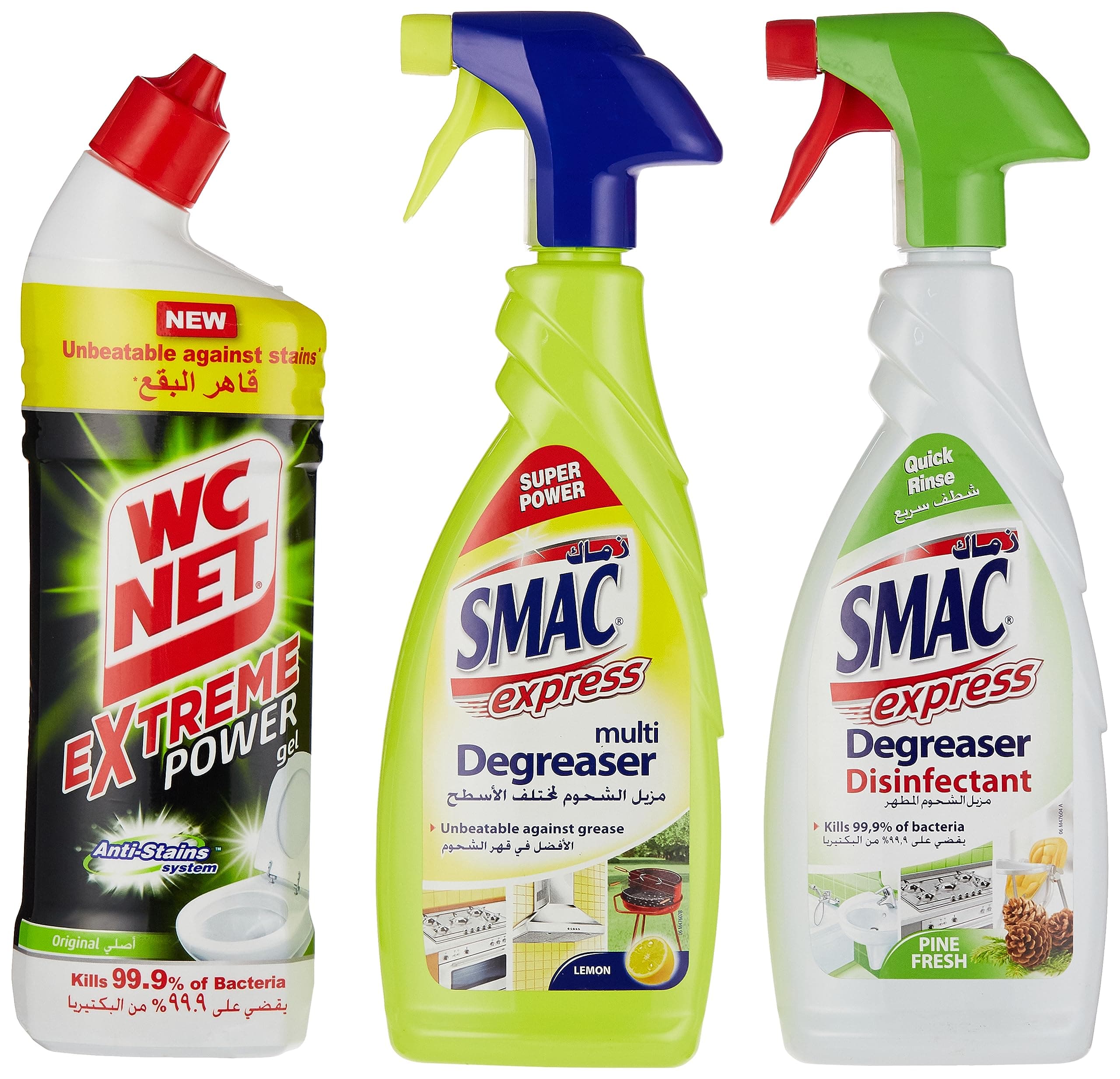 SMAC WC Net Toilet Cleaner Extreme Power Original, 750 ml + SMAC Express Multi Degreaser, Lemon, 650 ml + SMAC Express Degreaser Disinfectant Surface Spray, Pine, 650 ml