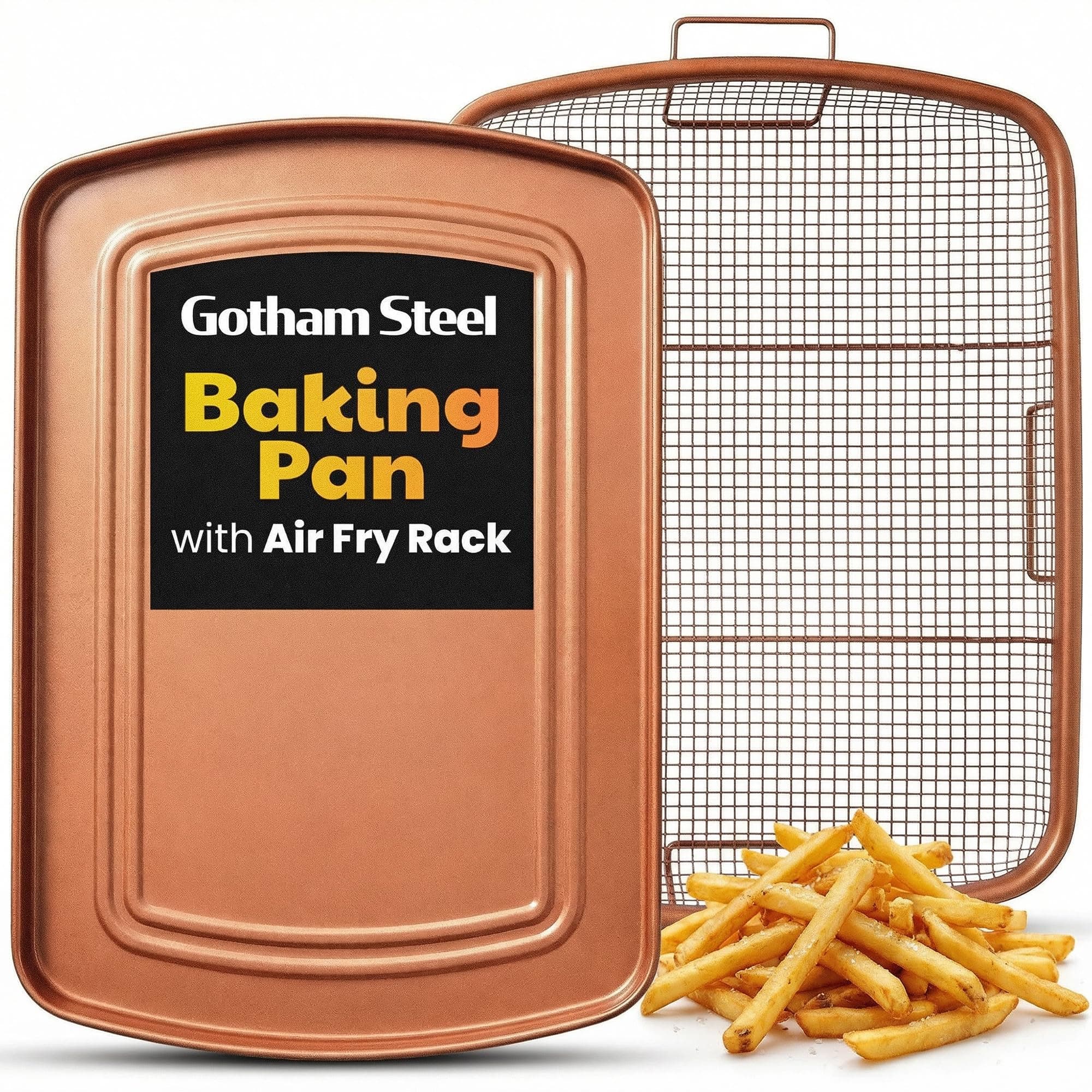 Baking Sheet with Air Fry Rack, 16.5” x 12.5”, 2 Pc Multipurpose Air Fryer Tray and Cookie Sheet Pan for Oven, Use as Cooling Wire Rack, for Cooking, Pizza, Bacon, Dishwasher Safe