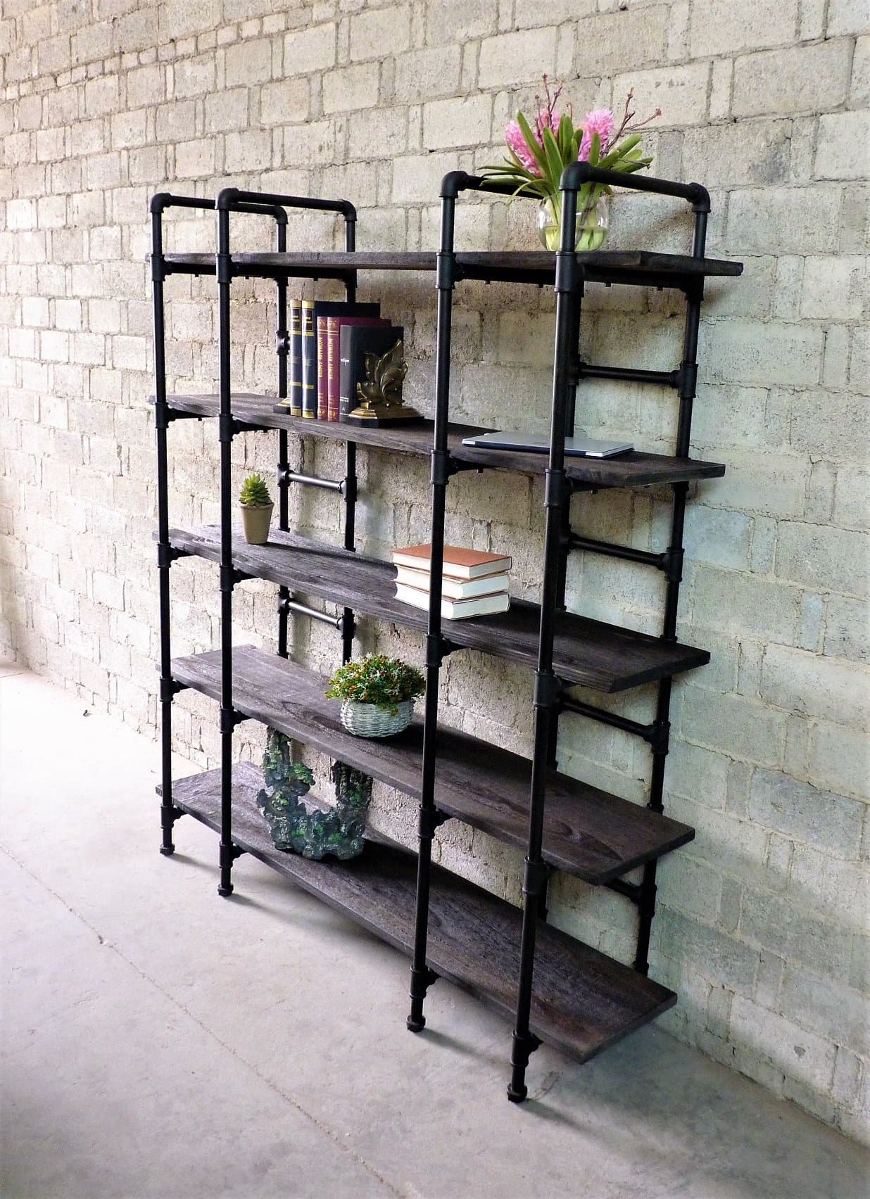 FURNITURE PIPELINE Modern Industrial Wide Large Open Etagere 6 Shelf Pipe Bookcase, Metal with Reclaimed Wood Finish, 64" W