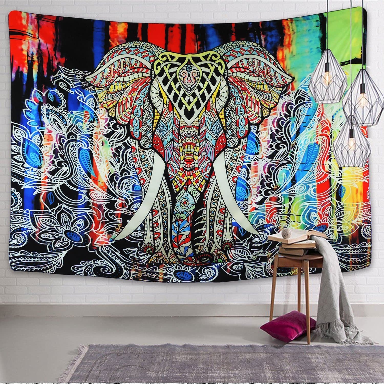 Tapestry Elephant Wall Tapestry Colorful Mandala Tapestry Indian Hippie Wall Hanging Tapestry Psychedelic Bohemian Dorm Decor Tapestry (M:51"×59", Blue)