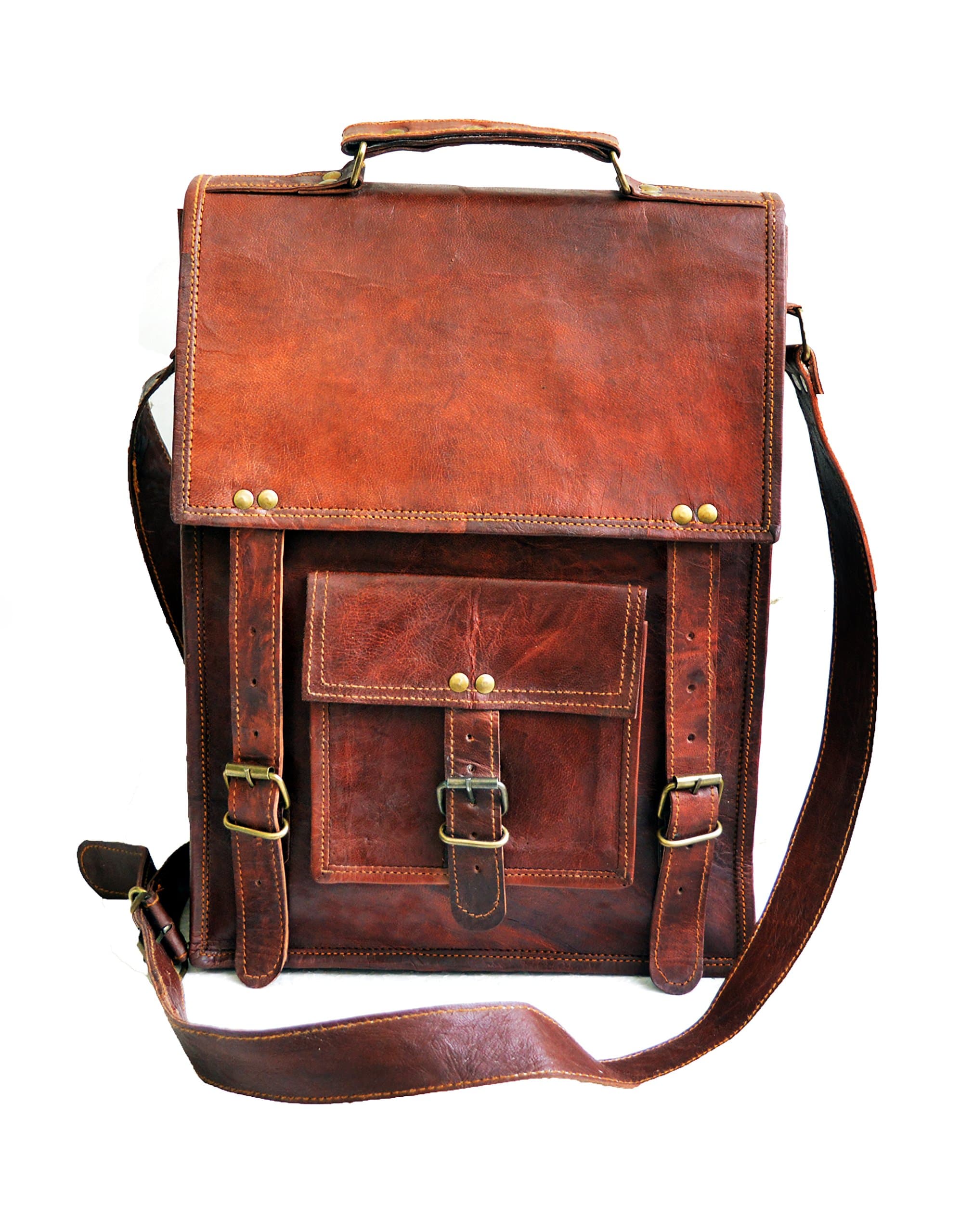 15" Genuine Leather Tall Vertical Laptop Satchel Messenger Bag Briefcase Men's