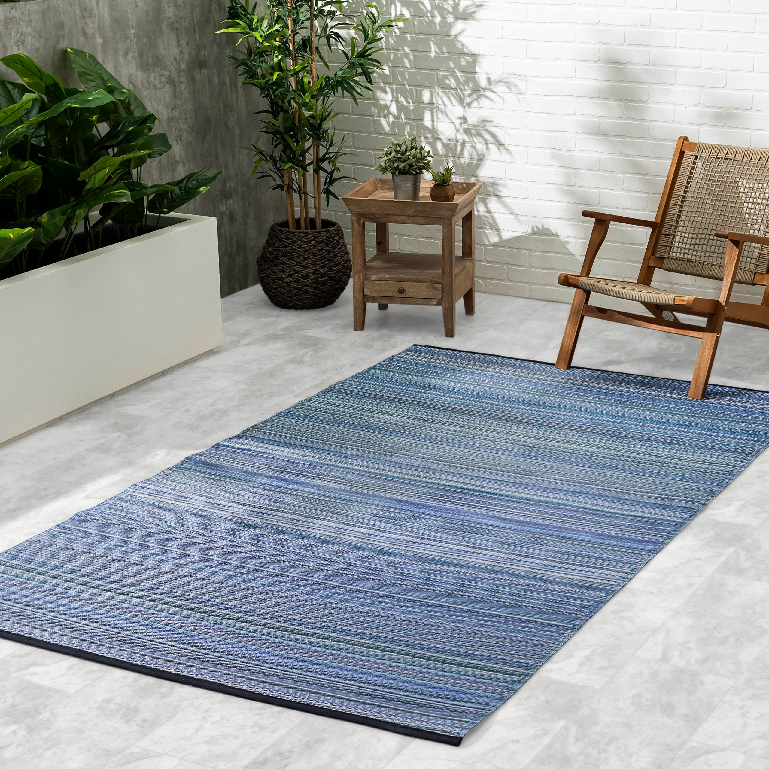 FAB HAB Outdoor Rug - Waterproof, Fade Resistant, Reversible - Premium Recycled Plastic - Striped - Garden, Deck, Conservatory, Camping, Large Patio - Cancun - Indigo - 240 x 300 cm