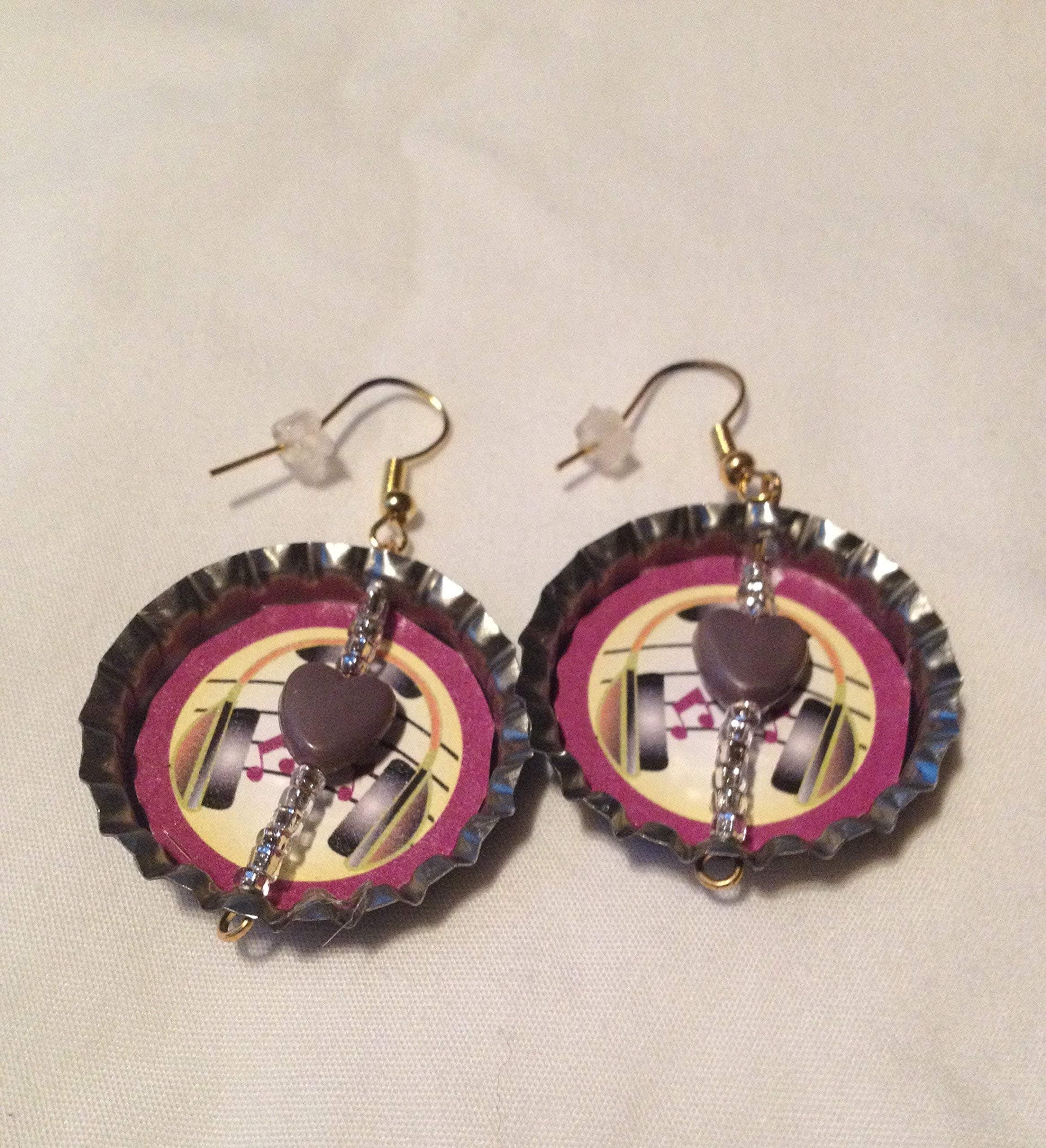 Black Upcycled Bottlecap Earrings with Purple Hearts