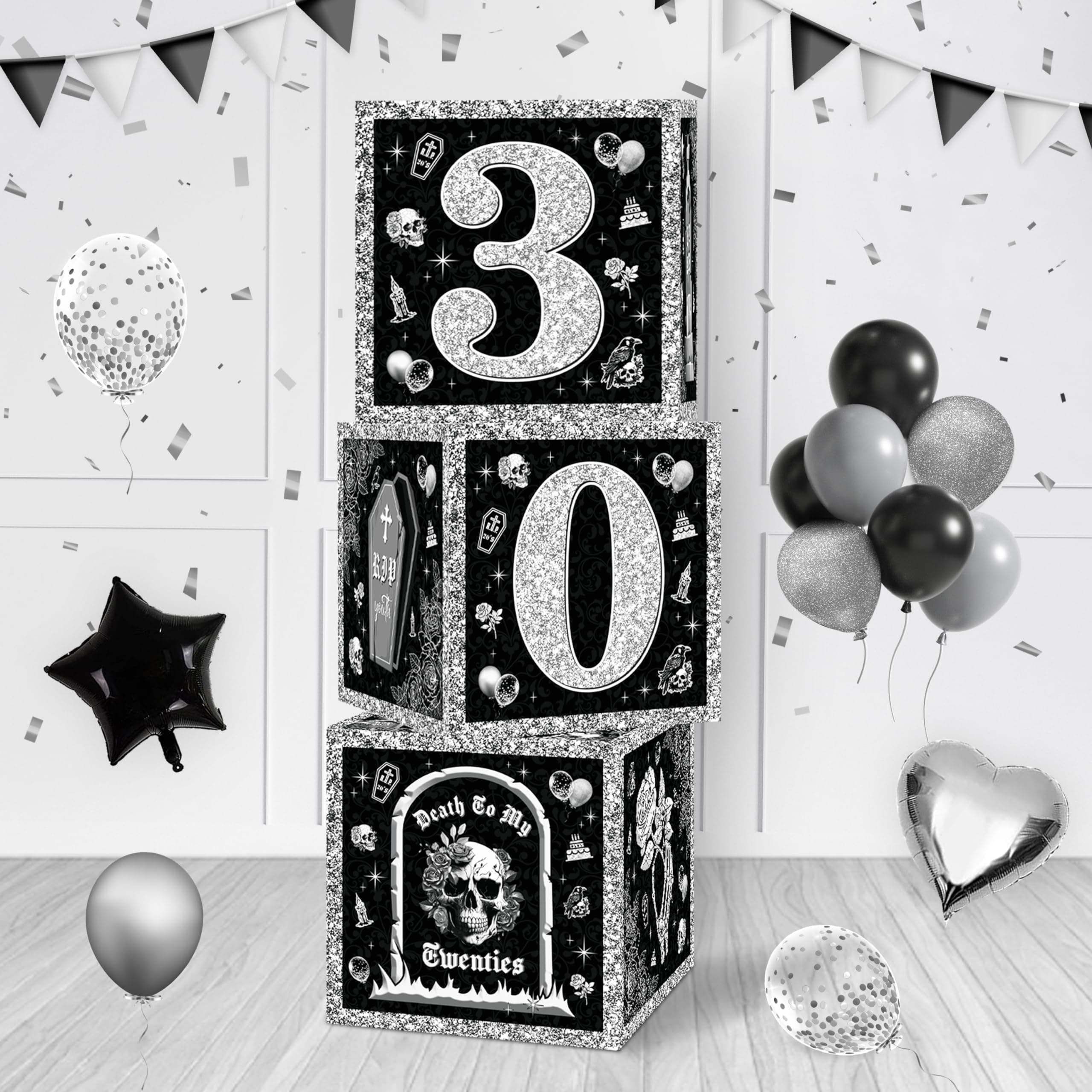 WHYMEO Death to My 20s Decorations 30th Birthday Decorations Boxes for Her Him, Rip to My 20s Balloon Blocks Black Balloon Boxes with Letters for Funeral for My Youth Dirty 30 Birthday Party Supplies