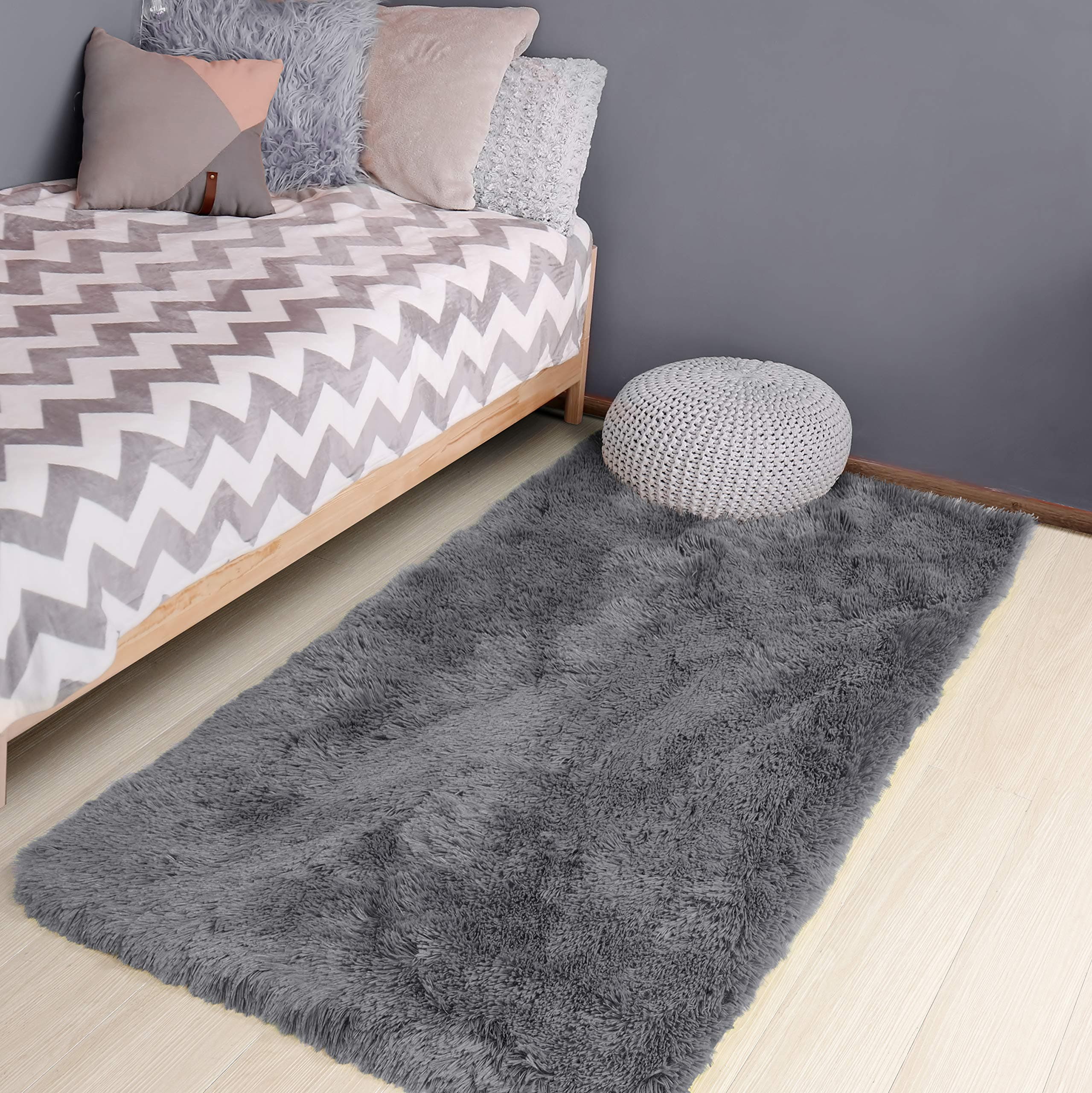 Gray Runner Rugs for Bedroom, 3x5, Fluffy Shag Rug for Living Room, Furry Bedside Rugs for Kids, Teen Boys, Shaggy Throw Rug for Nursery, Fuzzy Plush Grey Carpet, Rectangle, Cute Room Decor for Baby