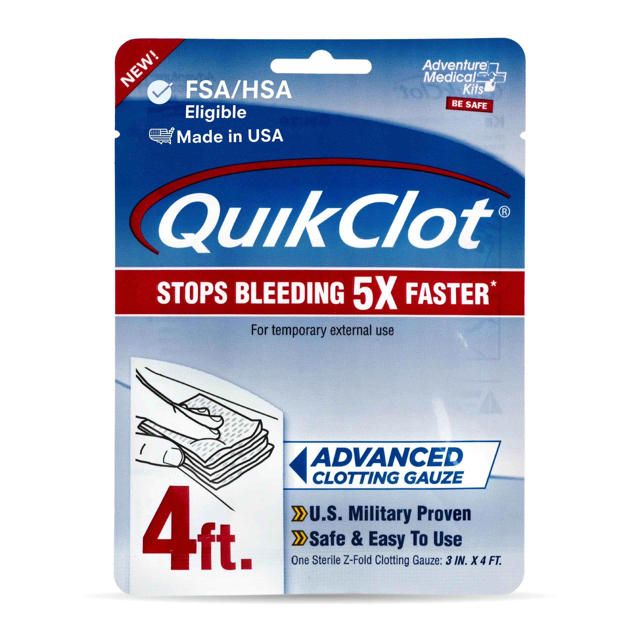 - Adventure Medical Kits QuikClot Advanced Clotting Gauze - Stops Bleeding Up to 5X Faster Than Standard Gauze - Kaolin Hemostatic Dressing - for First Aid Kits & Survival Gear - 3 x 48