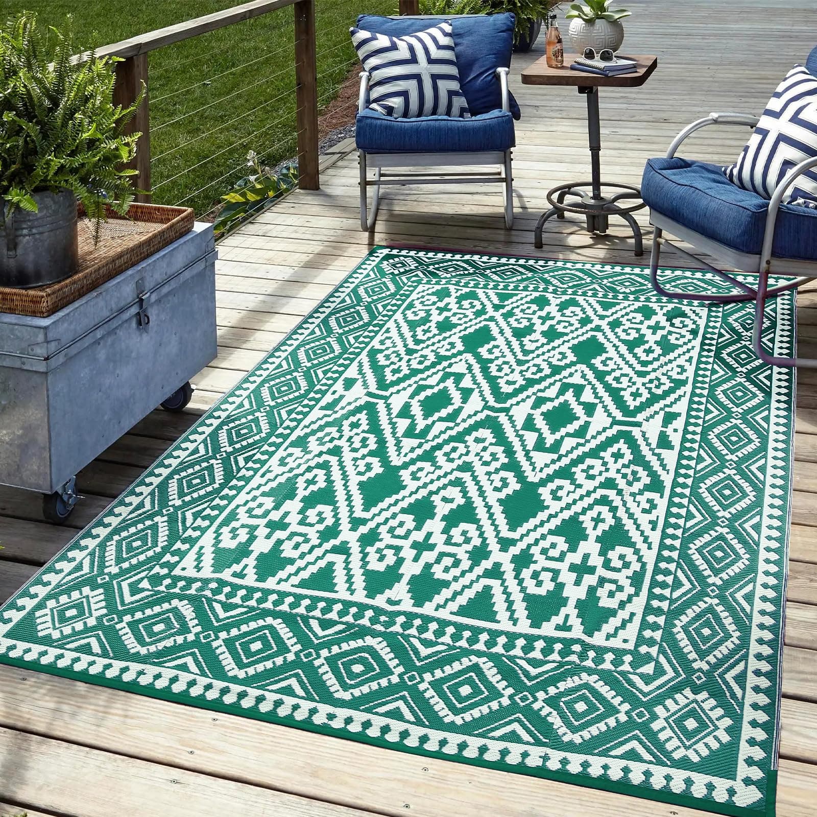 Outdoor Rug, Outdoor Plastic Straw Rug 4x6 for Outside Your Rv, Patio, Outside, Camping, Deck, Porch, Balcony, Backyard, Picnic Green and White