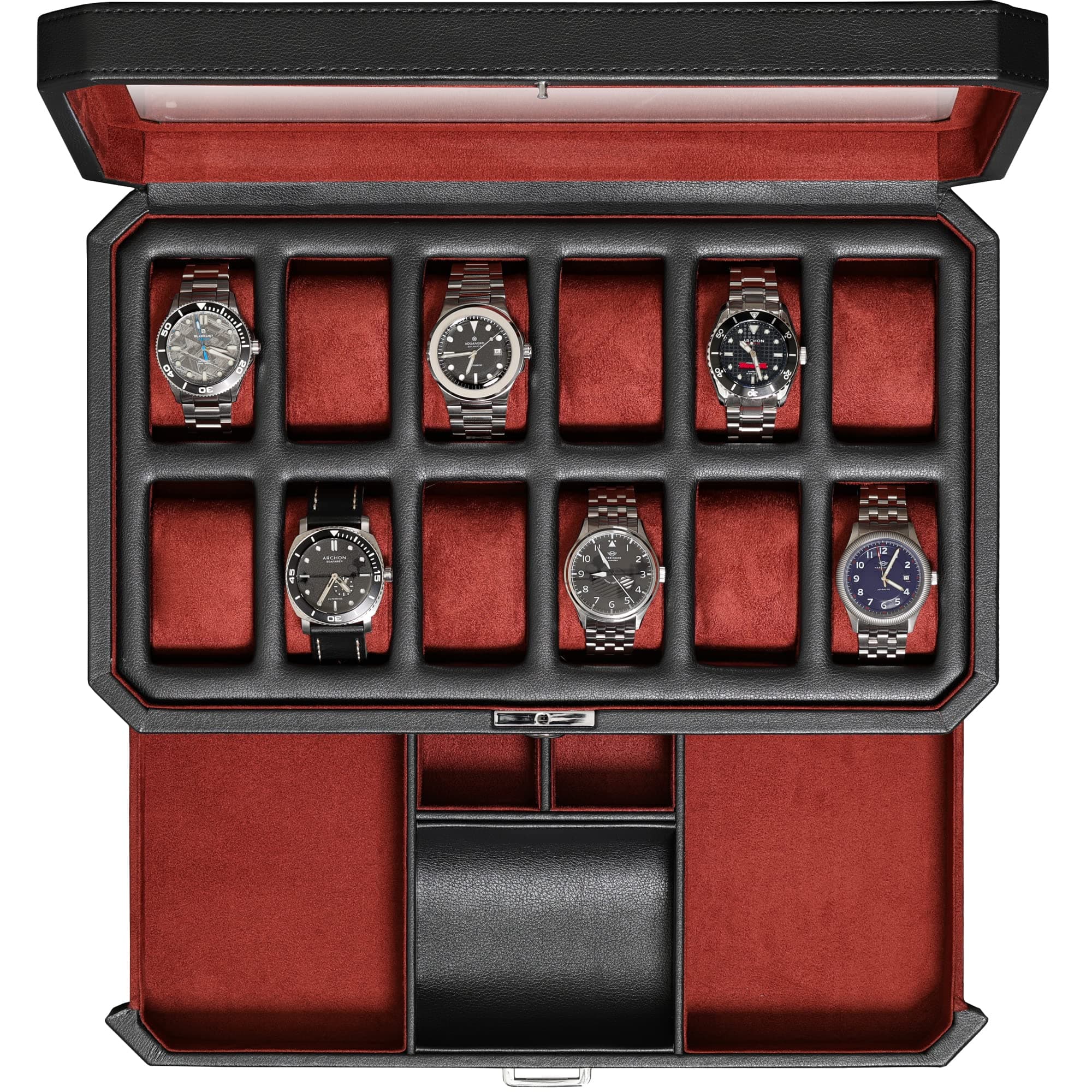 ROTHWELL 12 Slot Leather Watch Box with Valet Drawer - 12 Slot Luxury Watch Case Display Organizer, Microsuede Liner, Mens Accessories Holder, Jewelry Case, Jewelry Display Organizer (Black/Red)