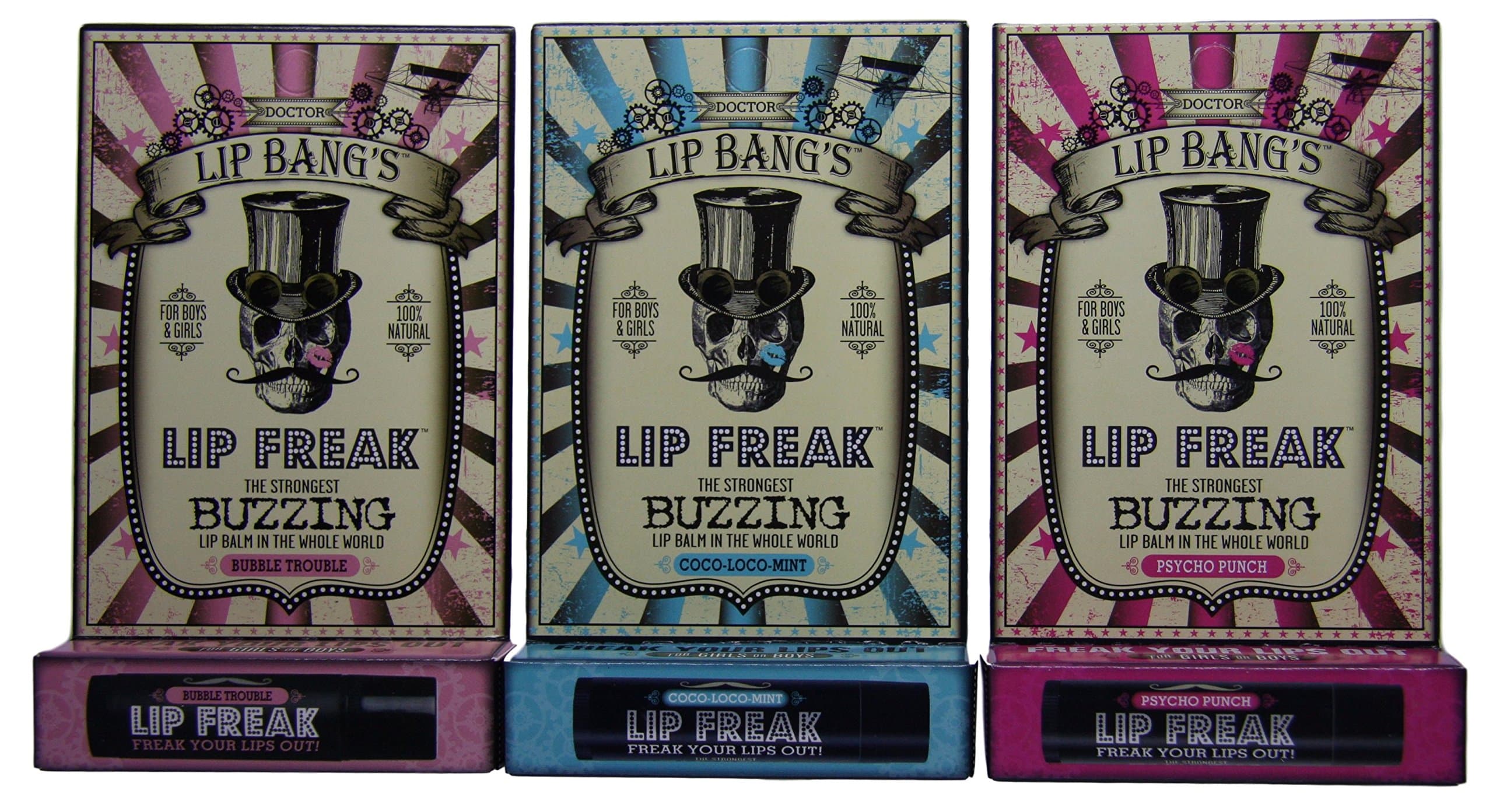 Doctor Lip Bang - Lip Freak - Flavored Lip Balm - Pack of 3 (Bubble Trouble/Coco-Loco-Mint/Psycho Punch Bundle)