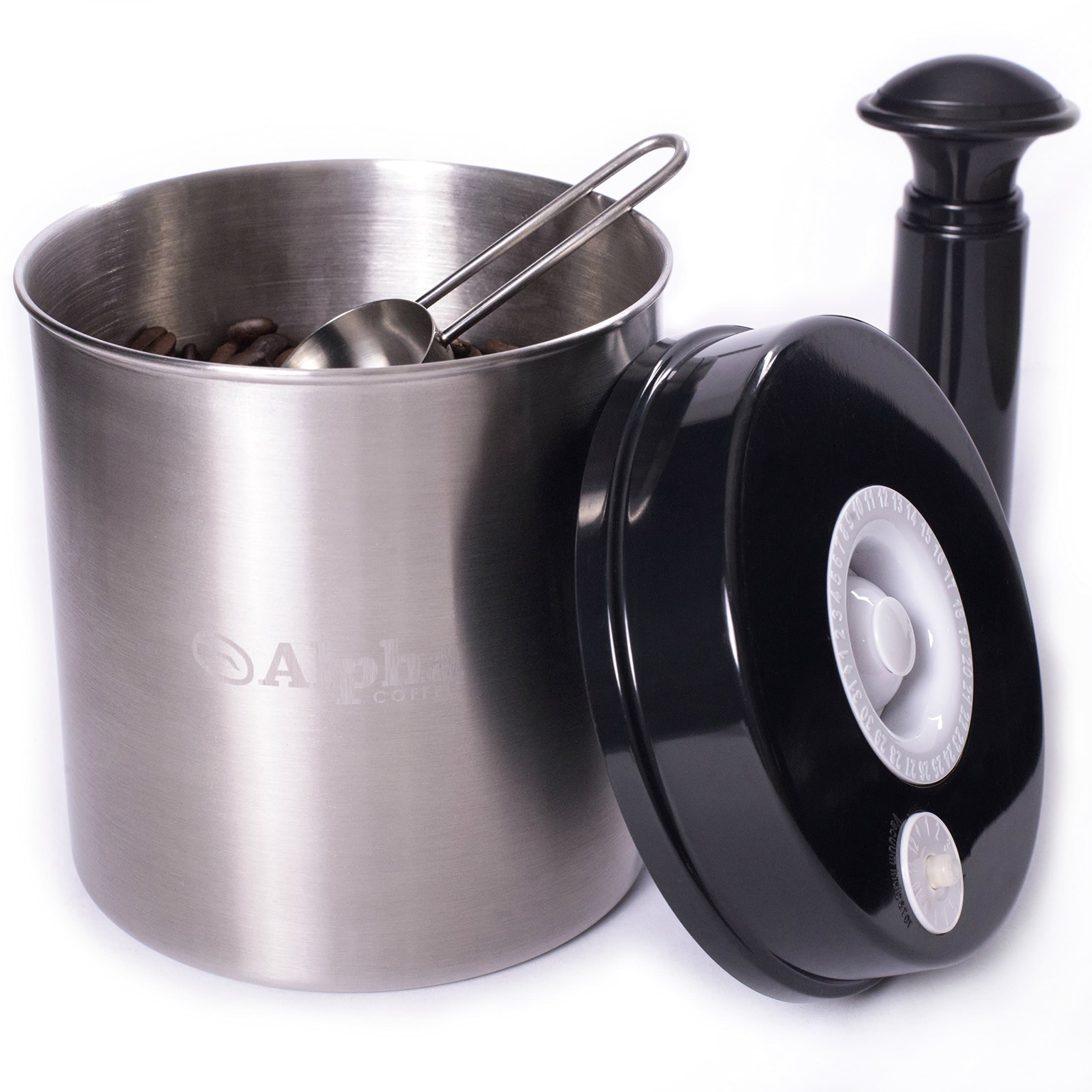 True Vacuum Seal Coffee Container. UPGRADED MODEL. Best Storage For Whole Bean & Ground. Stainless Steel Canister and Scoop.