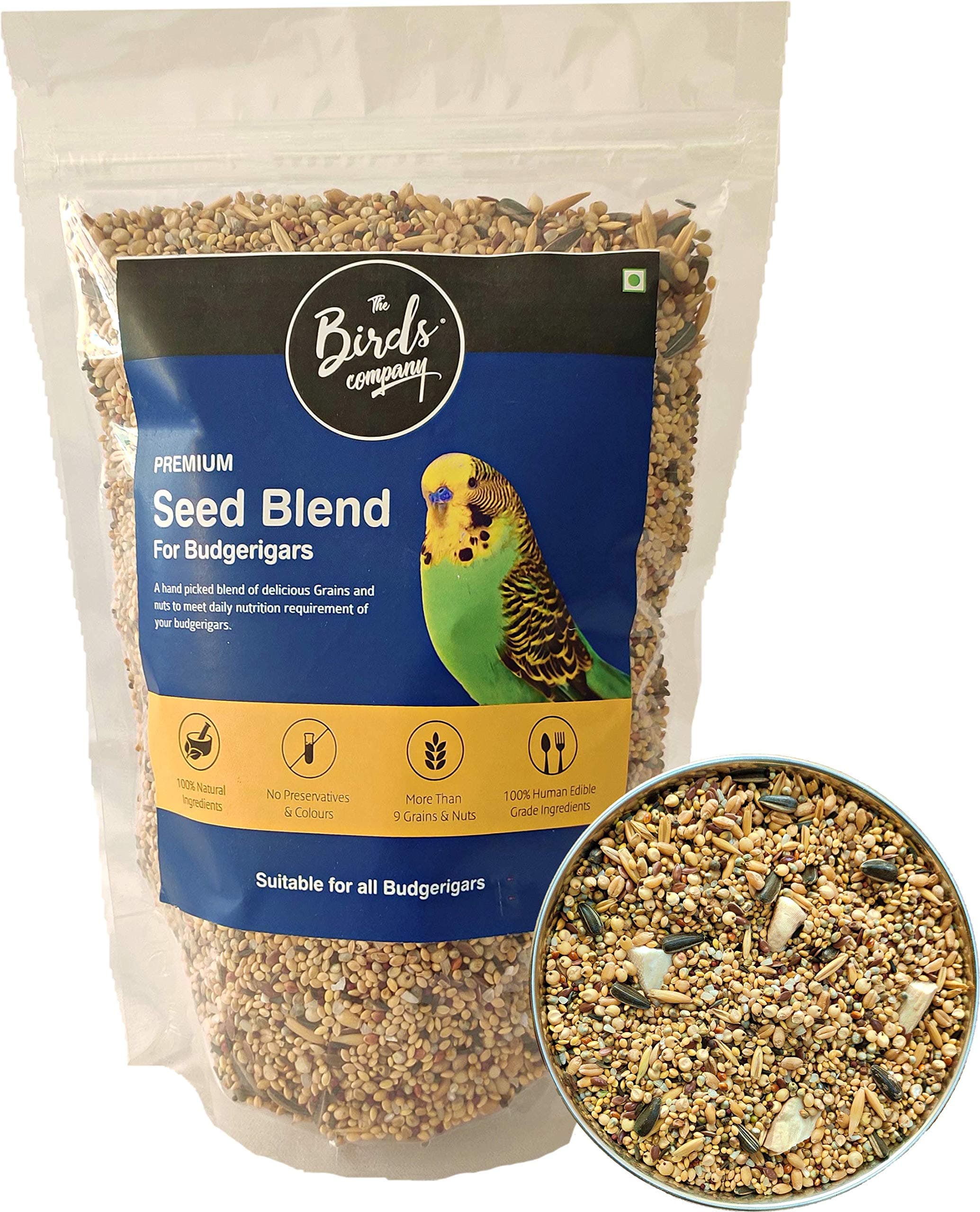 All Life Stages Premium Seed Blend of 9 Grains & Nuts, Fortified with Spirulina & Cuttlefish Bone, Bird Food for Budgies, 450 g