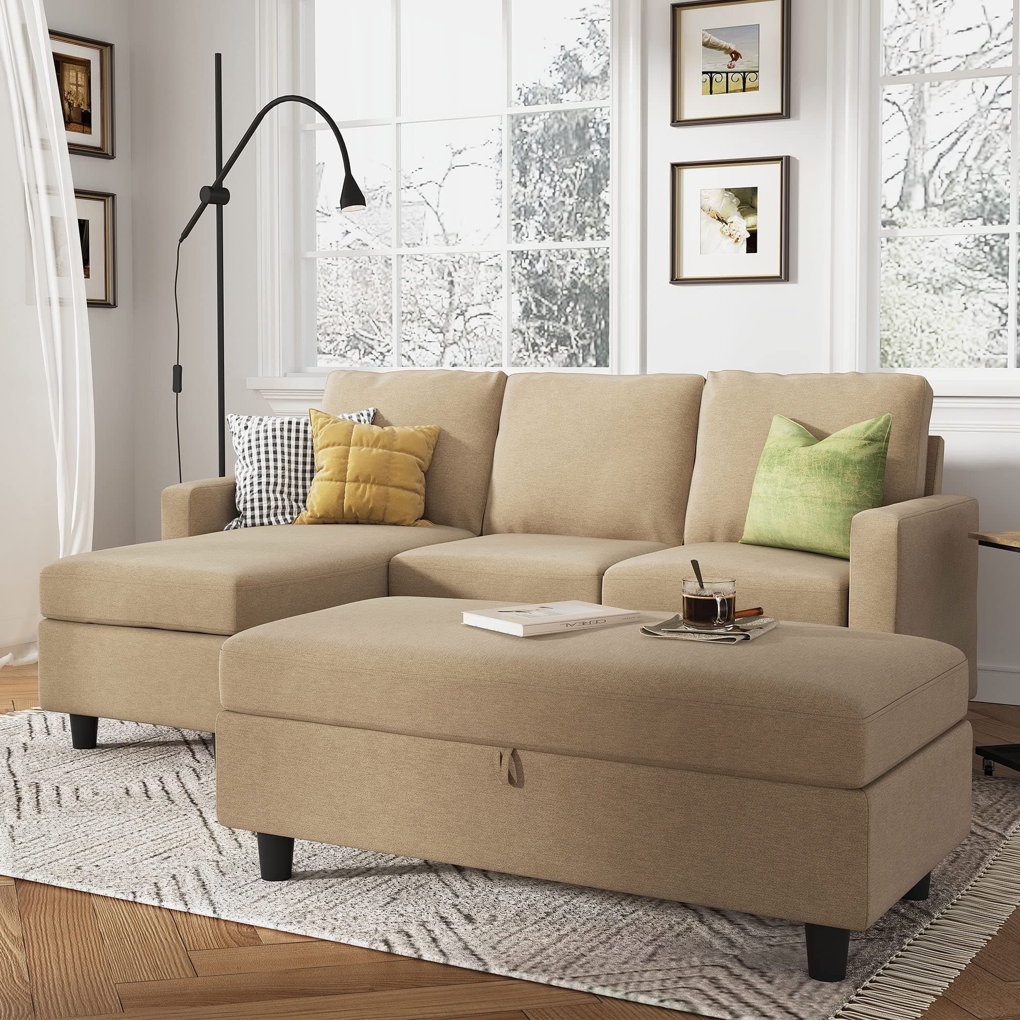 HONBAY Sectional Couch with Storage Ottoman, L Shaped Sofa for Living Room, Beige