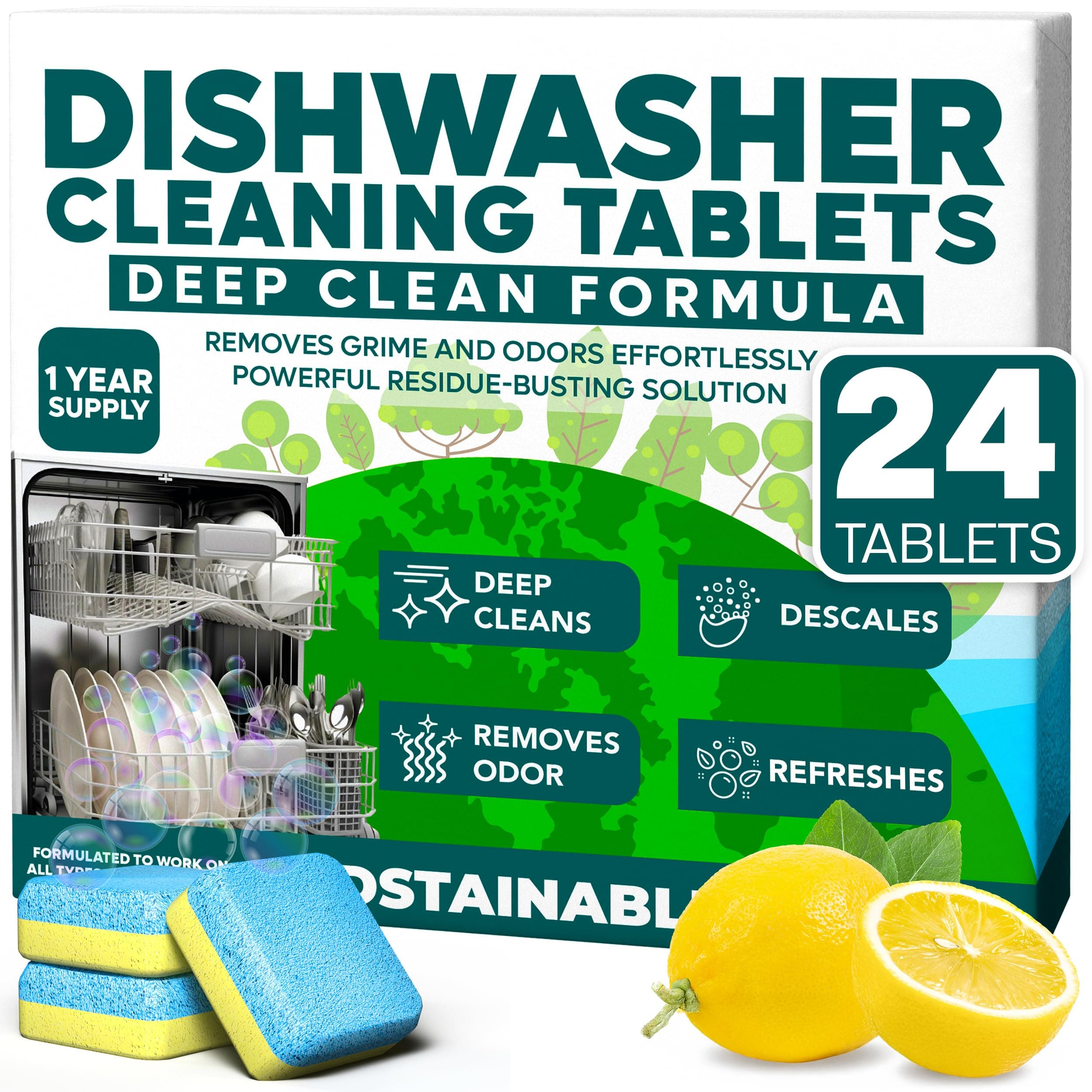 Dishwasher Cleaner and Deodorizer Tablets, 24 Pack – Dishwasher Cleaning Tablets for Odor and Buildup Removal, Descaler - 1-Year Supply