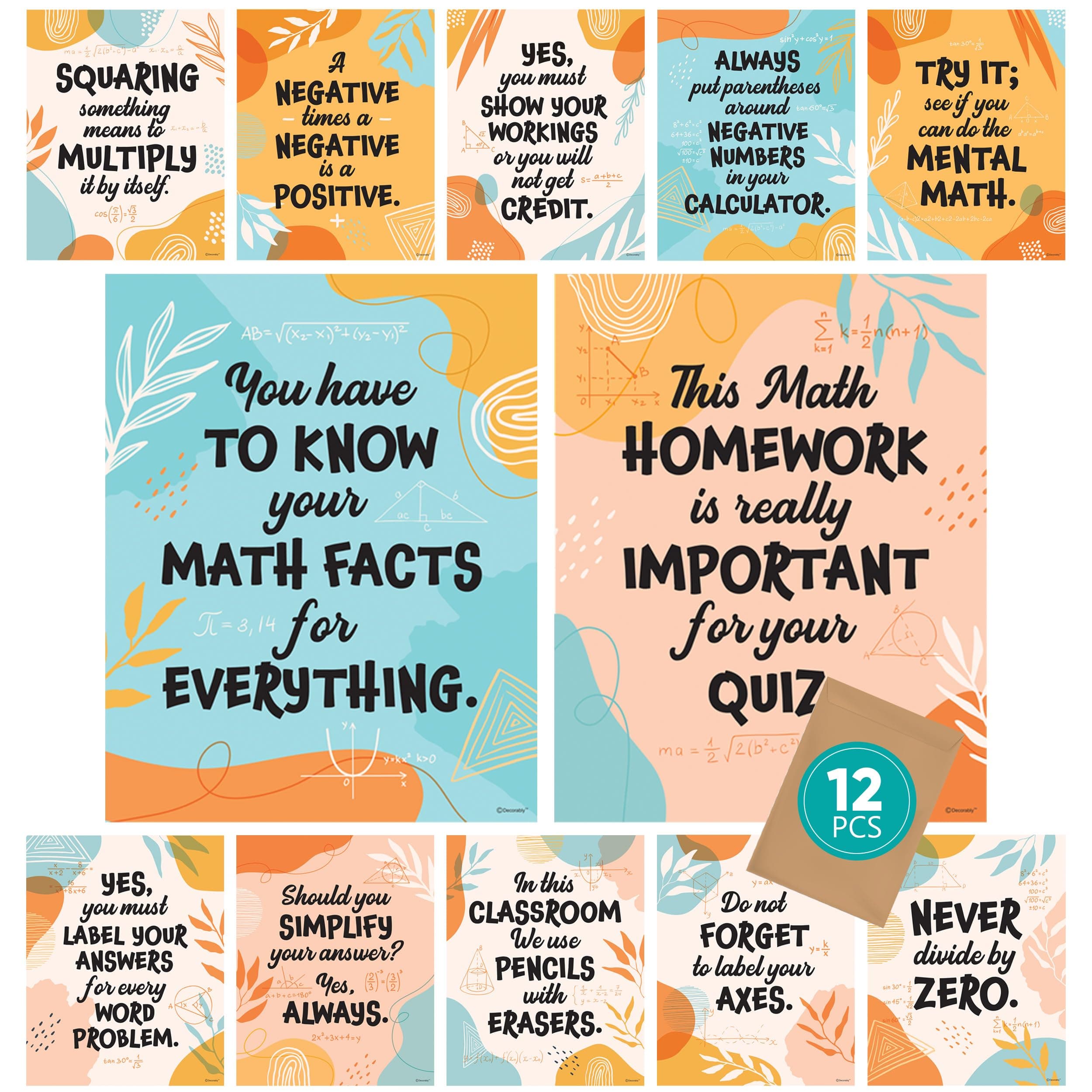 Decorably 12 Math Posters for High School Classroom, 11x14in Inspirational Matte-Laminated Library Decor - for Hallways, Bulletin Boards, Home Study Room