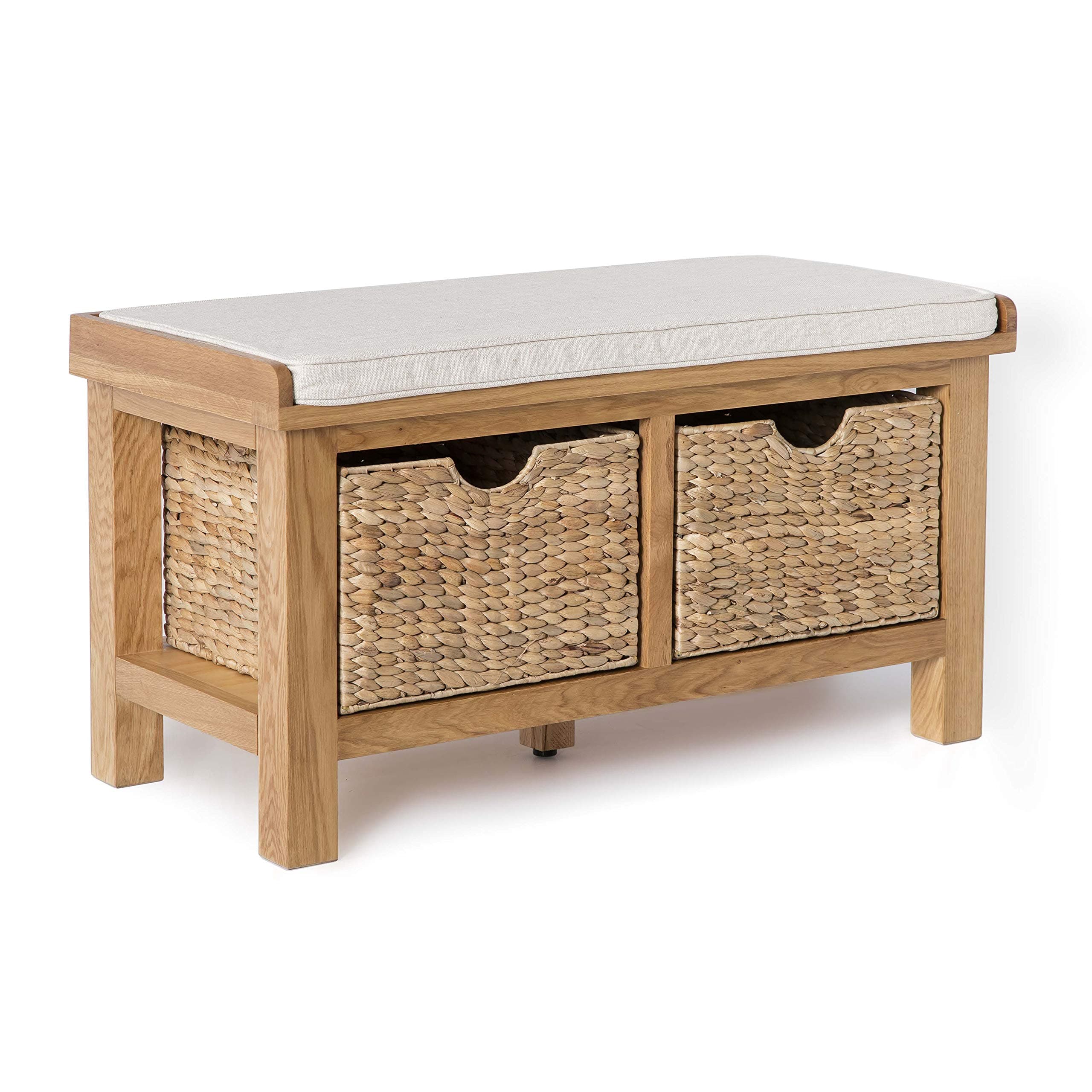 Surrey Oak Hallway Bench With Baskets | Roseland Furniture Traditional Rustic Waxed Solid Wooden Shoe Storage for Hall or Kitchen, Fully Assembled, 90 x 49 x 42 cm
