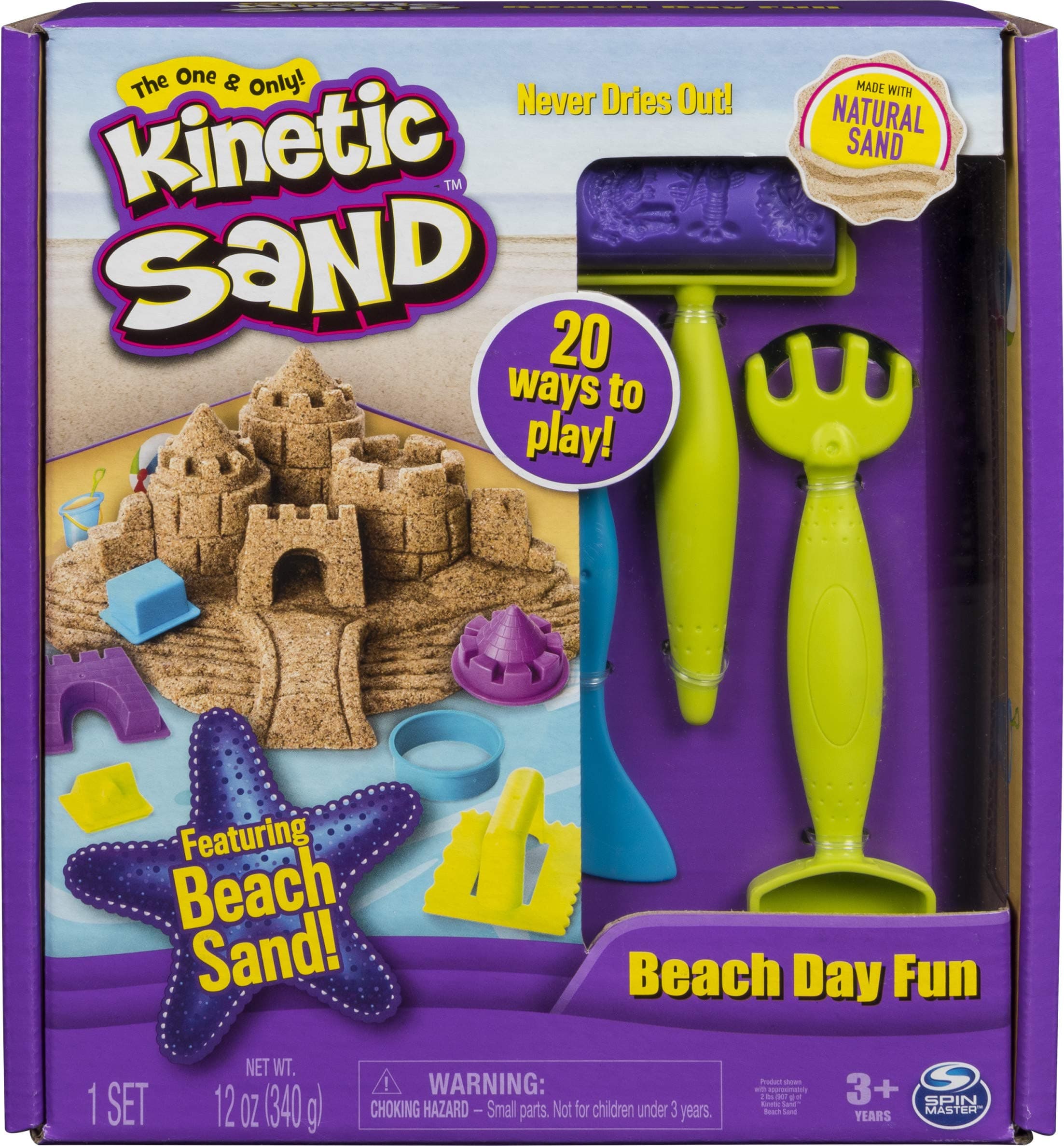 Kinetic Sand, Beach Day Fun Playset with Castle Molds, Tools and 12 oz. of All-Natural Kinetic Beach Sand, Play Sand Sensory Toys for Kids Ages 3 and up