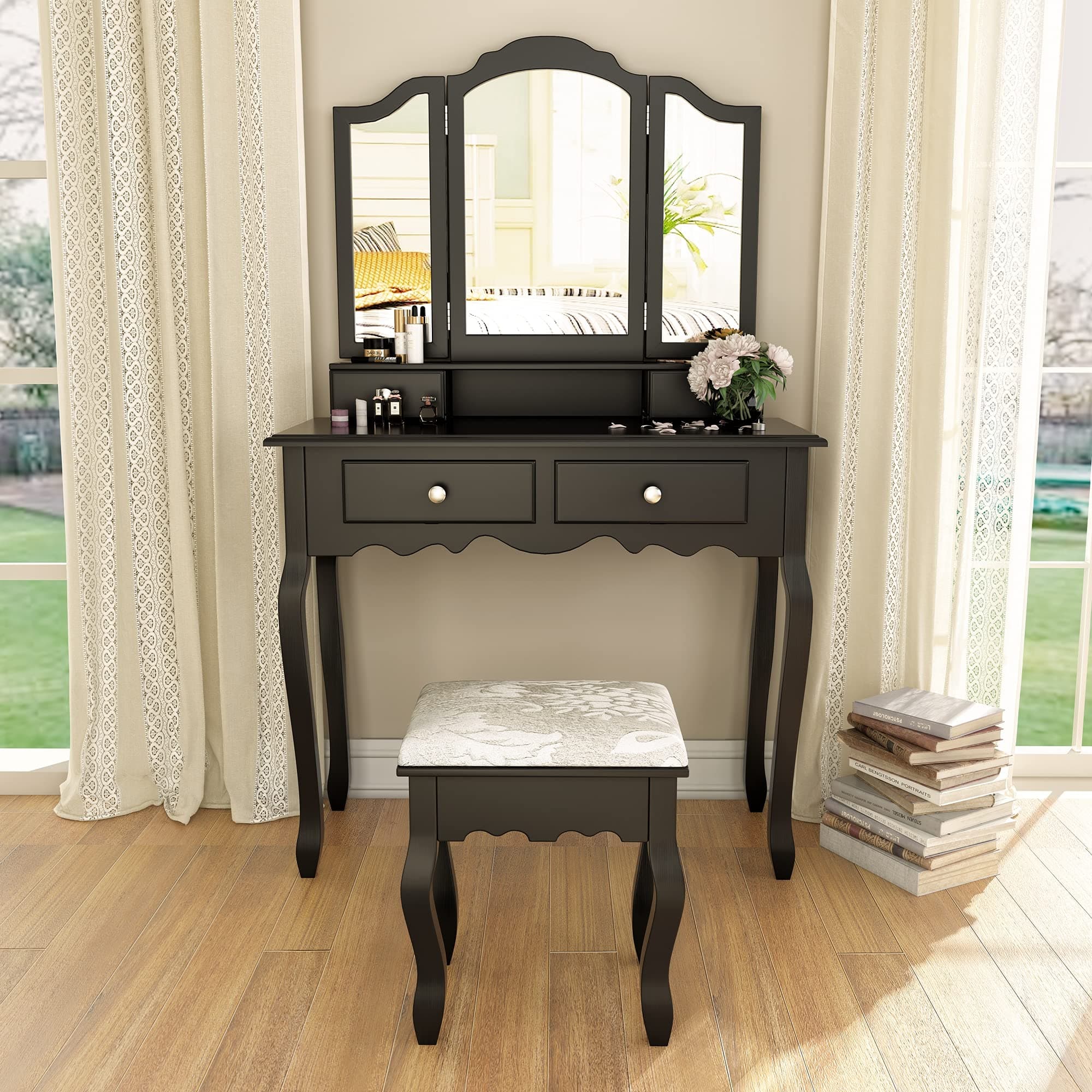 Makeup Vanity Table Set with Tri-Folding Mirror & Cushioned Stool, Wood Makeup Dressing Table w/ 4 Drawers, Top Removable Modern Writing Desk, Black